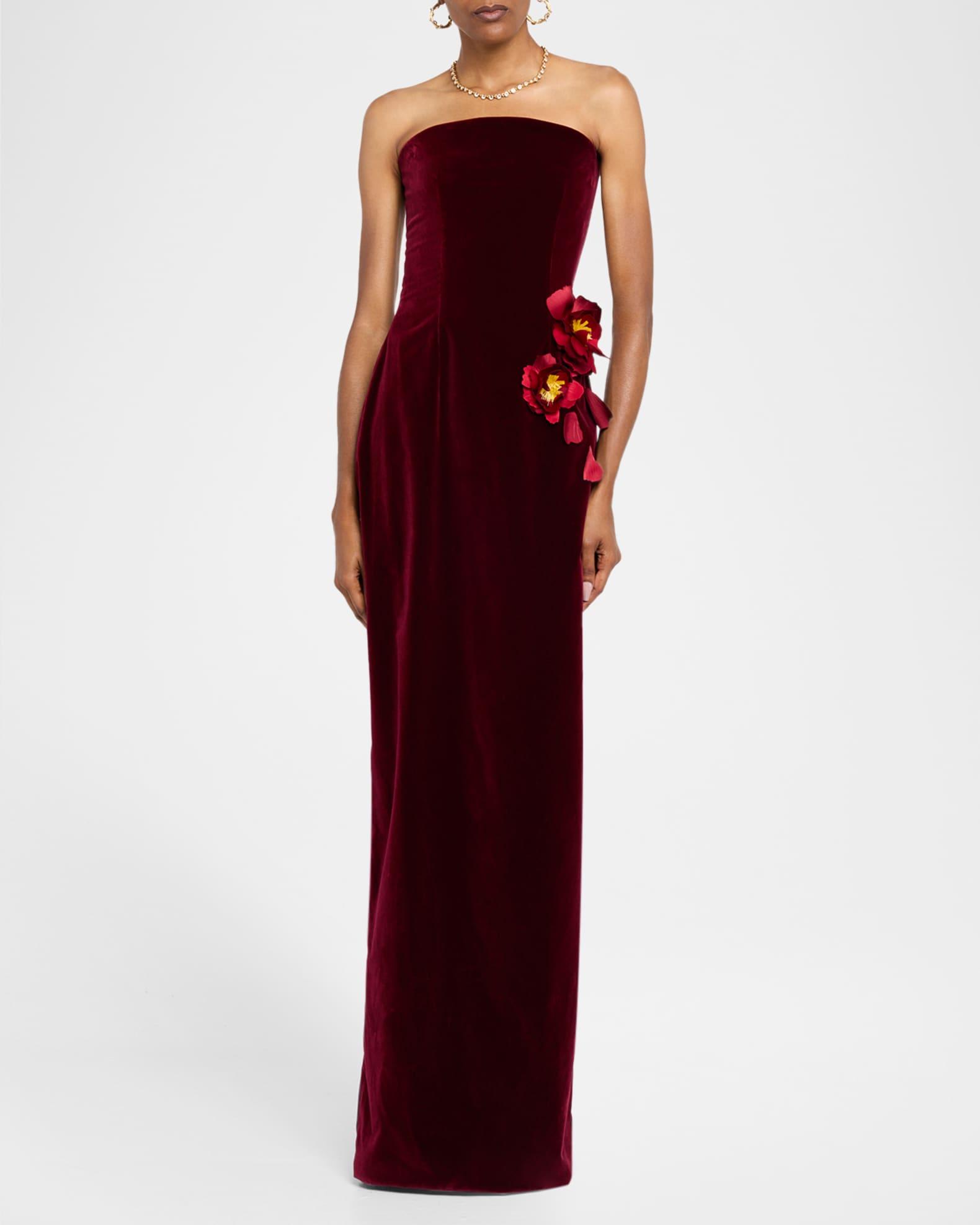 Strapless Flower Embroidered Velvet Gown Product Image