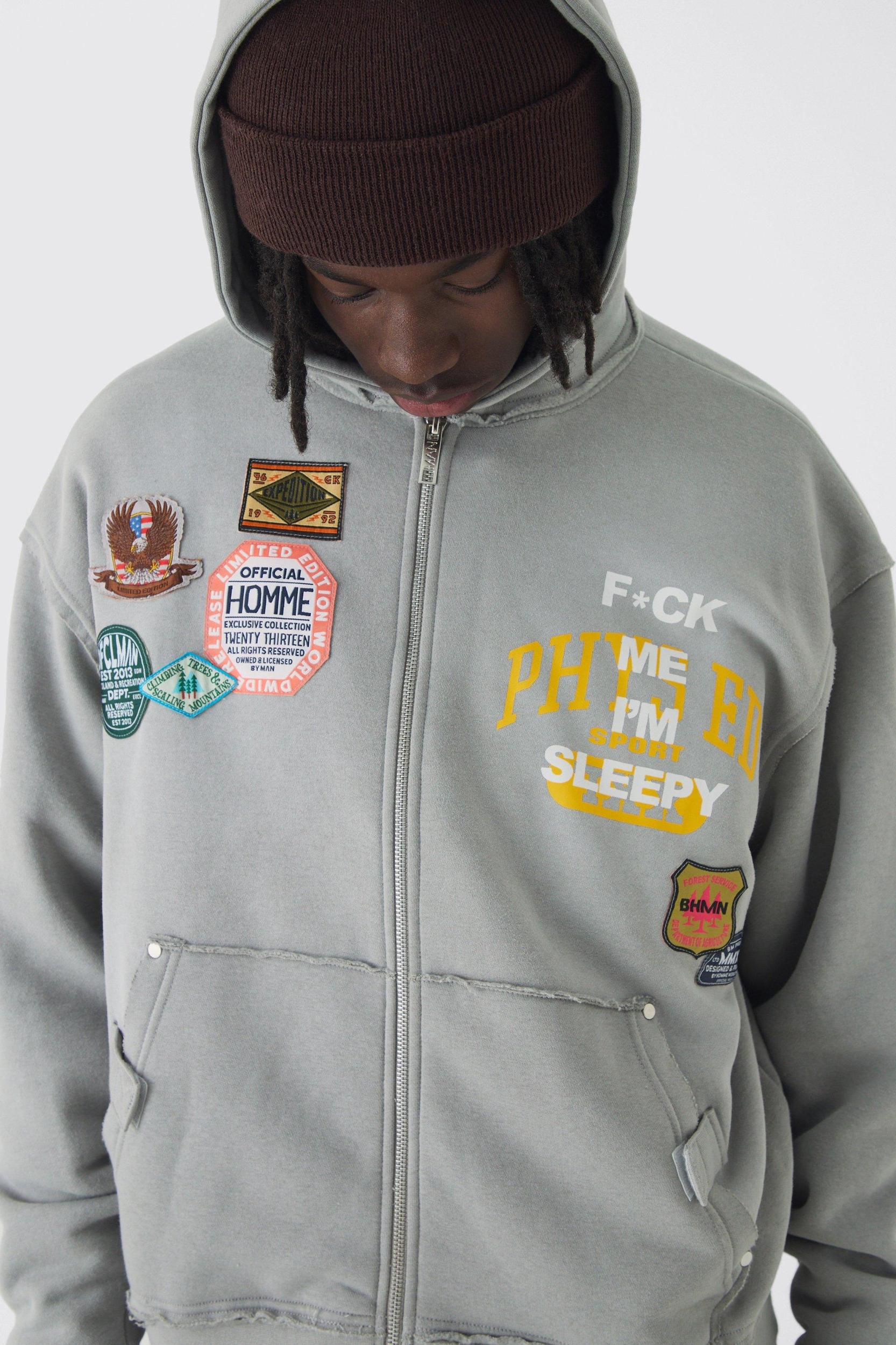 Oversized Applique Distressed Zip Through Brushback Hoodie | boohooMAN USA Product Image