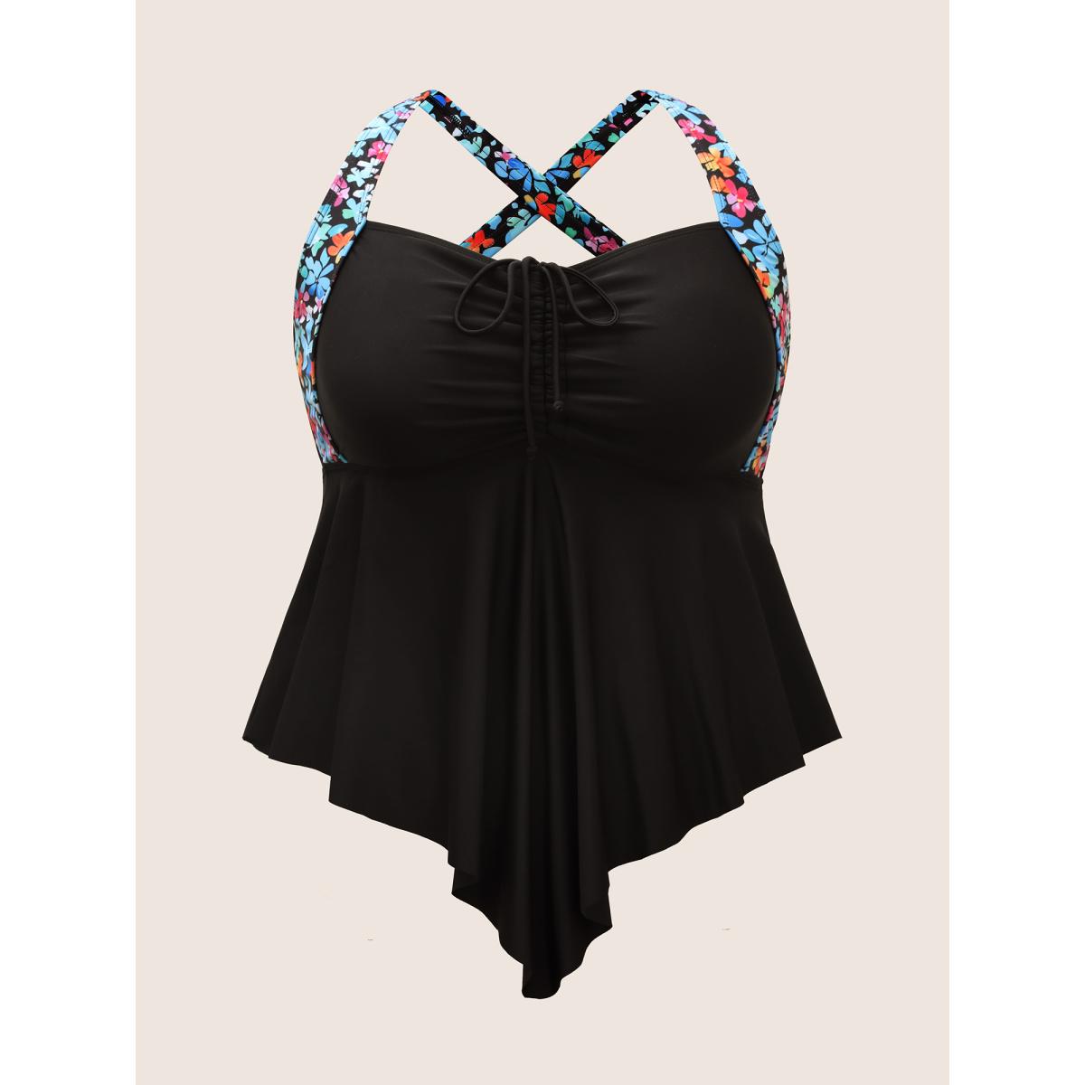 Plus Size Contrast Floral Patchwork Hanky Hem Swim Top Women's Swimwear Black Beach Patchwork High stretch Bodycon Heart neckline Curve Swim Tops BloomChic 30/6X Product Image