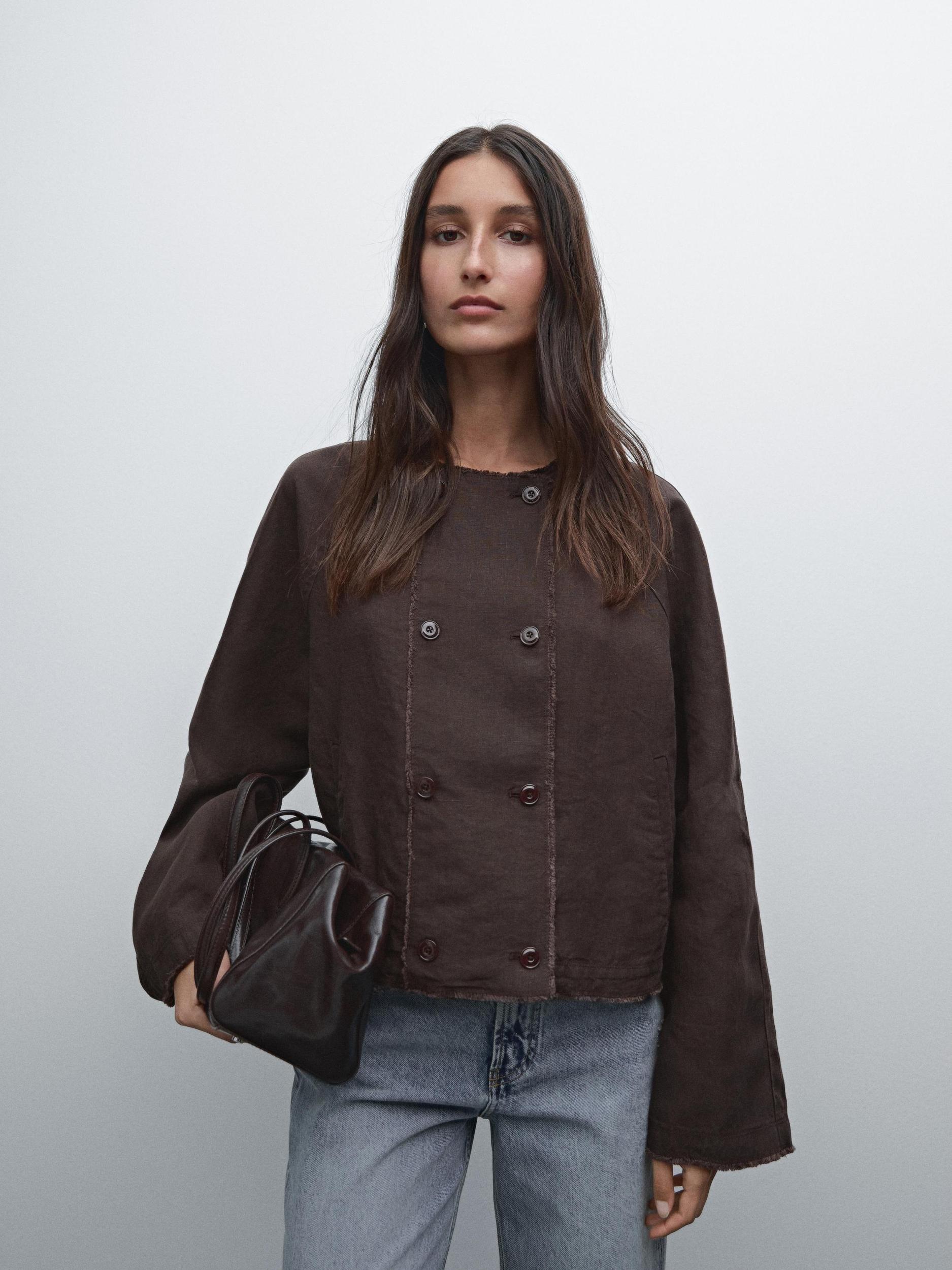 Short double-breasted linen jacket Product Image