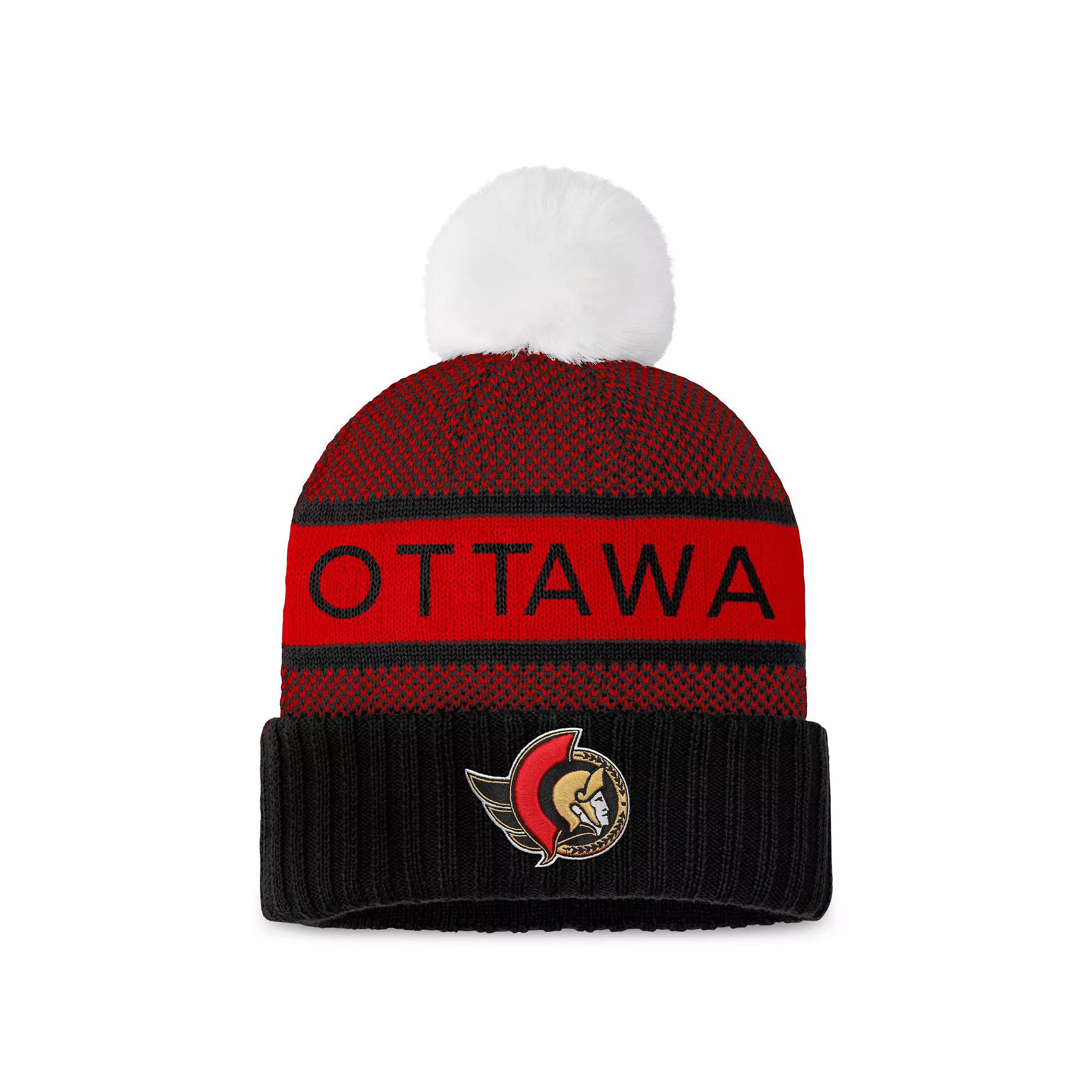 Women's Fanatics Branded  Black/Red Ottawa Senators Authentic Pro Rink Cuffed Knit Hat with Pom, Sen Black Product Image