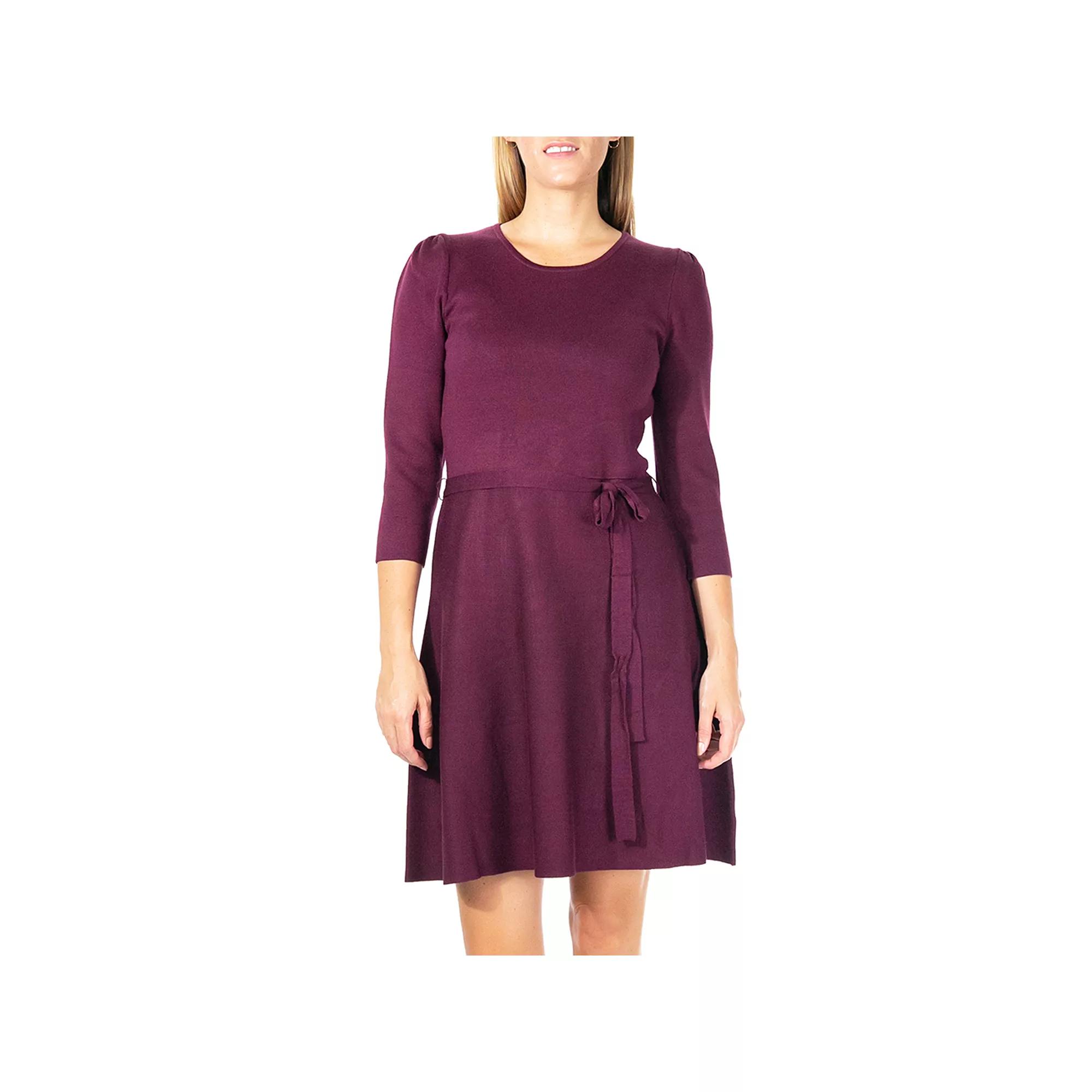 Women's Nina Leonard Belted 3/4 Sleeve Fit & Flare Sweater Dress, Size: XL, Deep Red Product Image