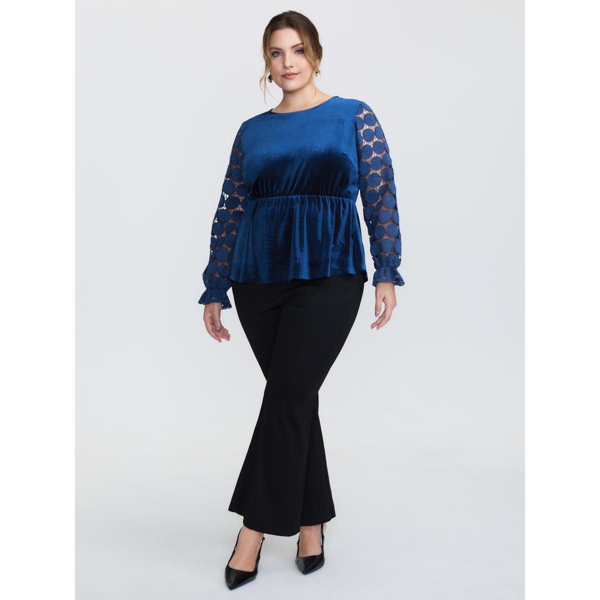 Plus Size Indigo Velvet Sheer Lace Sleeve Flared Blouse Women Romantic Long Sleeve Round Neck Elegant Blouses BloomChic 30/6X Product Image