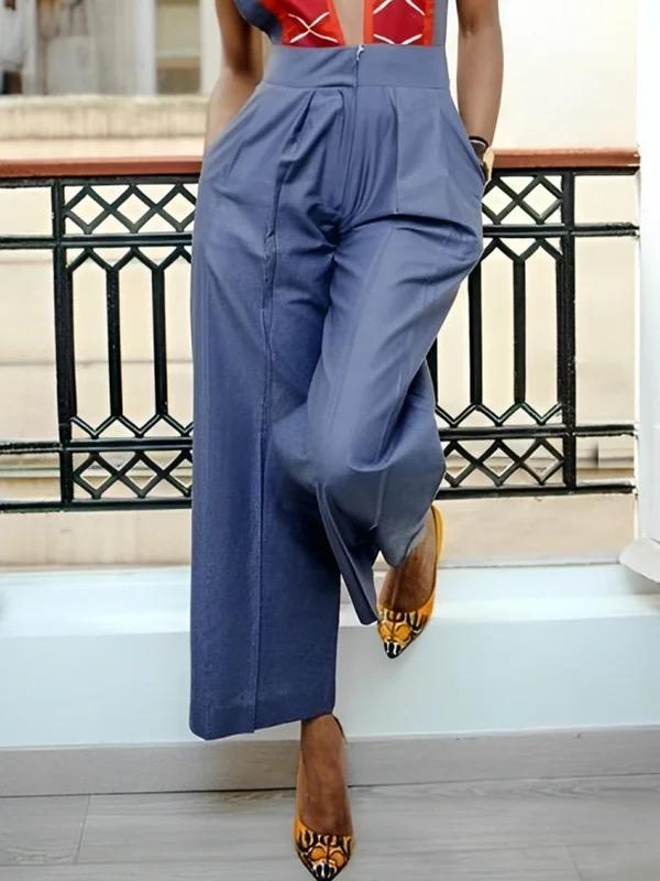 High Waisted Sleeveless Contrast Color Pleated Pockets Zipper Deep V-Neck Jumpsuits Product Image