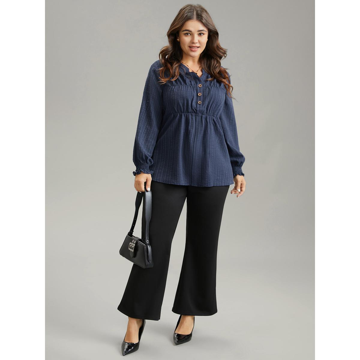 Plus Size Indigo Plisse Gathered Shirred Cuffs Button Through Blouse Women Office Long Sleeve Notched collar Office Blouses BloomChic 18-20/2X Product Image