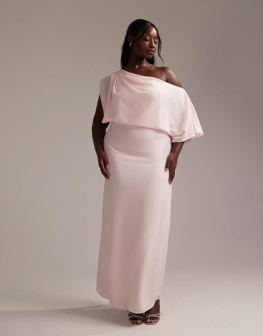 ASOS DESIGN Curve Bridesmaids crepe one shoulder draped maxi dress in soft pink Product Image
