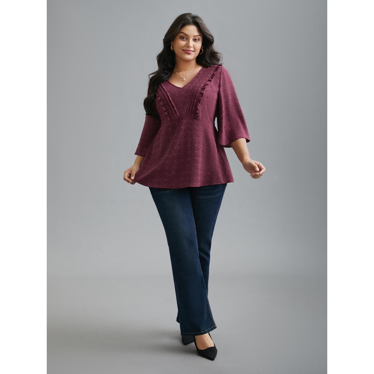 Plus Size Plum Ruffled Pleated Stretchy Waist Flowy Blouse Women Elegant Elbow-length sleeve V-neck Everyday Blouses BloomChic 14-16/1X Product Image