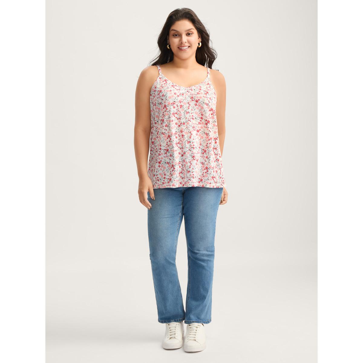 Plus Size Floral Stretchy Backless Tie Tank Top Women WhiteSmoke Woven ribbon&lace trim V-neck Everyday-Casual Tank Tops Camis BloomChic 14-16/1X Product Image