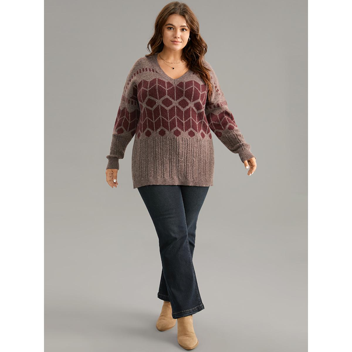 Plus Size Supersoft Essentials Geometric Knit Jacquard Pullover Burgundy Women Casual Loose Long Sleeve V-neck Dailywear Pullovers BloomChic 30/6X Product Image