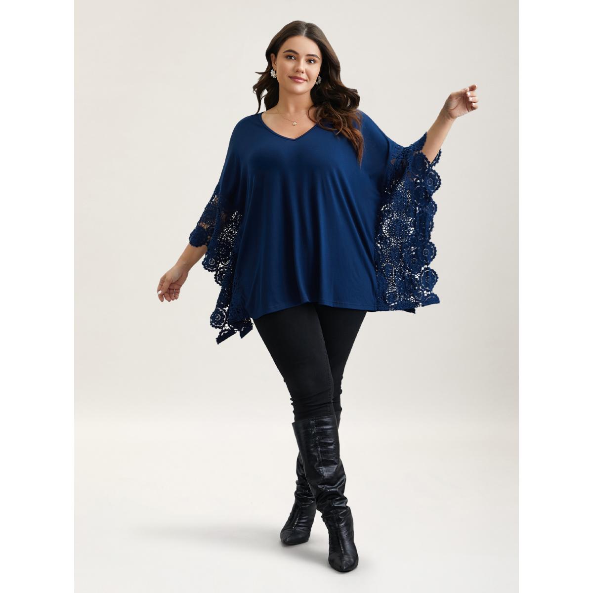 Plus Size V-Neck Crochet Lace Batwing Sleeve T-Shirt Indigo Women Elegant Patchwork V-neck Loose Everyday T-shirts BloomChic 10/M Product Image