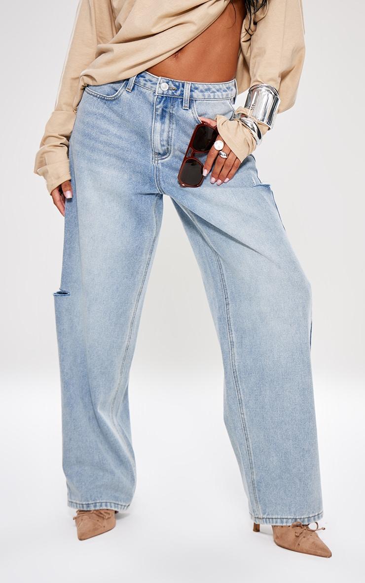 Ice Blue Split Cut Out Denim Boyfriend Jeans Product Image