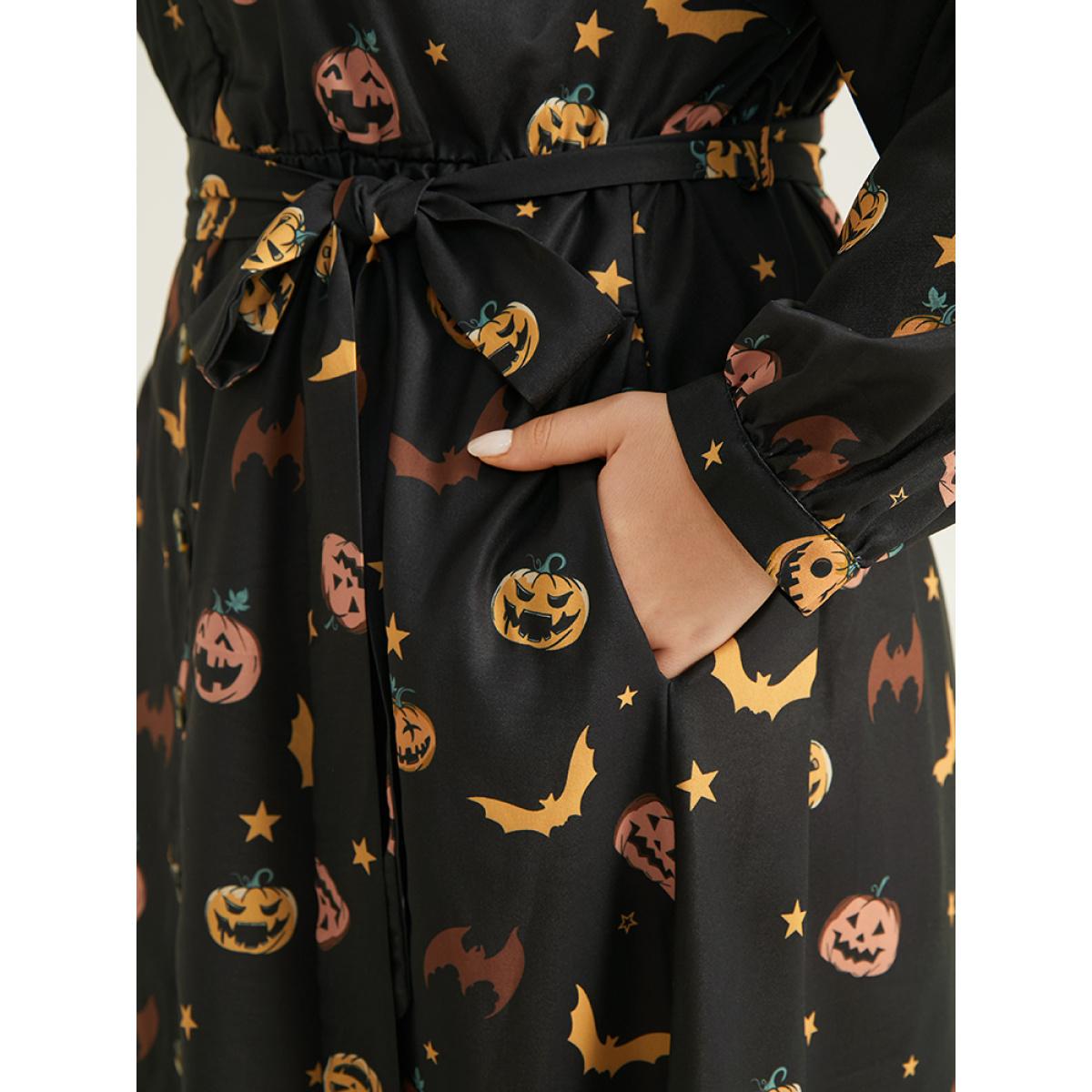 Plus Size Halloween Lantern Sleeve Belted Dress Black Women Casual Belted V-neck Long Sleeve Curvy Midi Dress BloomChic 10/M Product Image