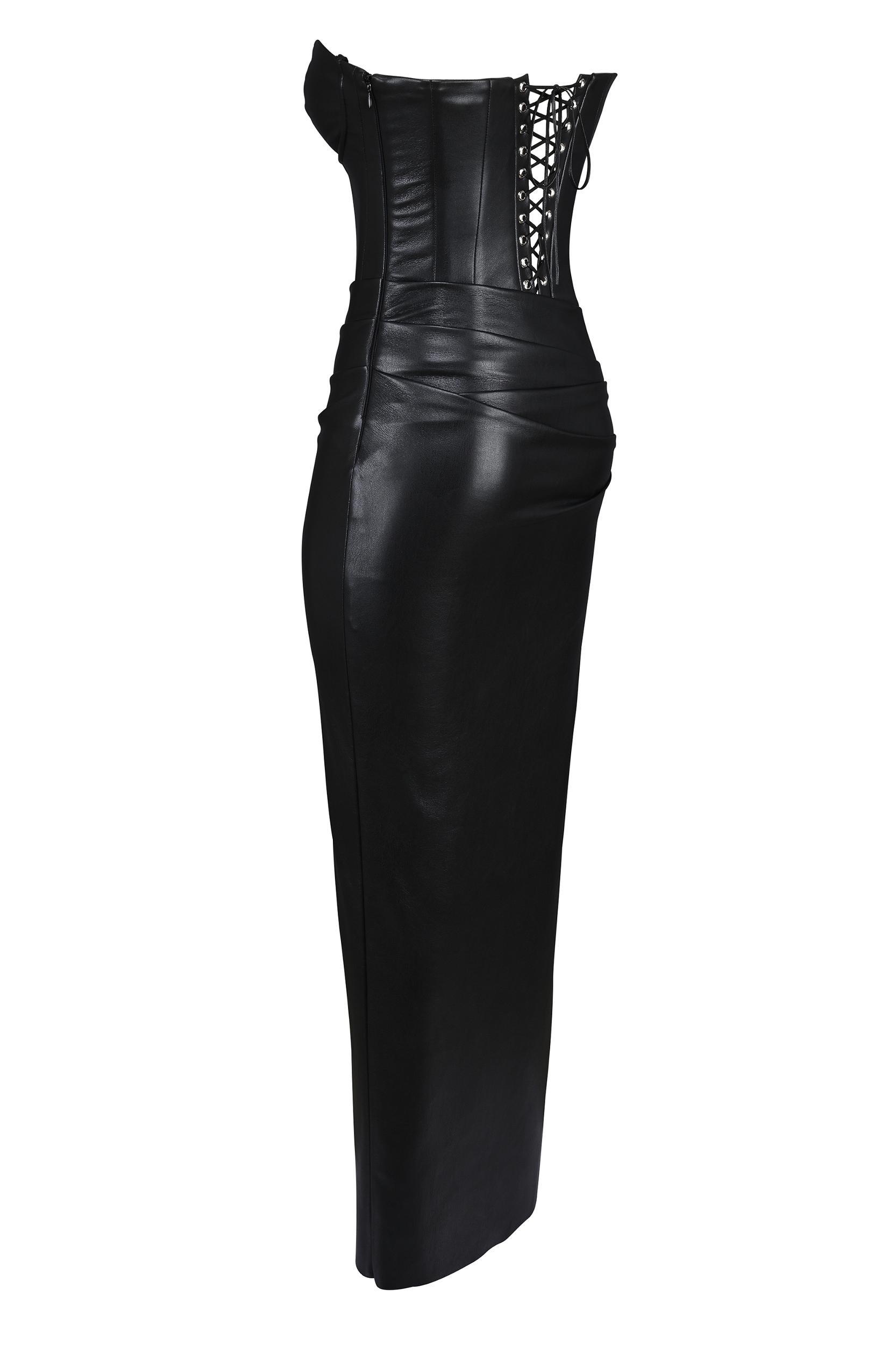 Juliana  black strapless vegan leather midi dress Product Image