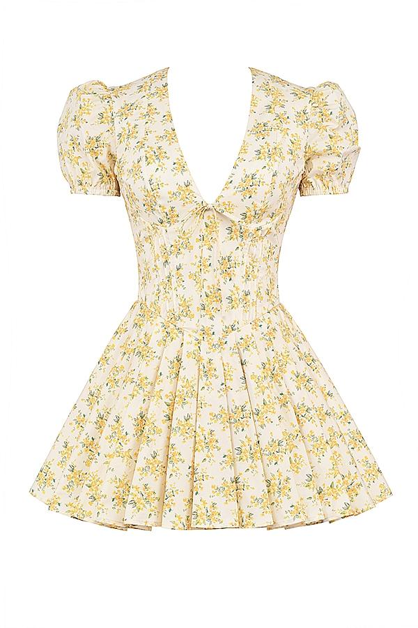 Imani  buttercup vintage floral print pleated cotton mini dress Product Image