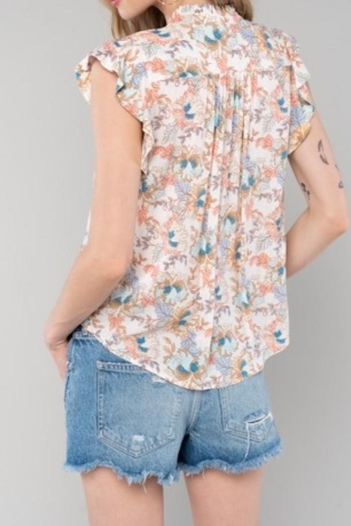 Floral Flutter Sleeve Ruffled Tie Front Blouse Product Image