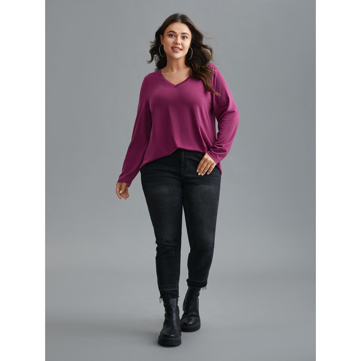 Plus Size Solid V Neck Basic T-shirt Deeppurplered Women Casual Non V-neck Loose Everyday T-shirts BloomChic 30/6X Product Image