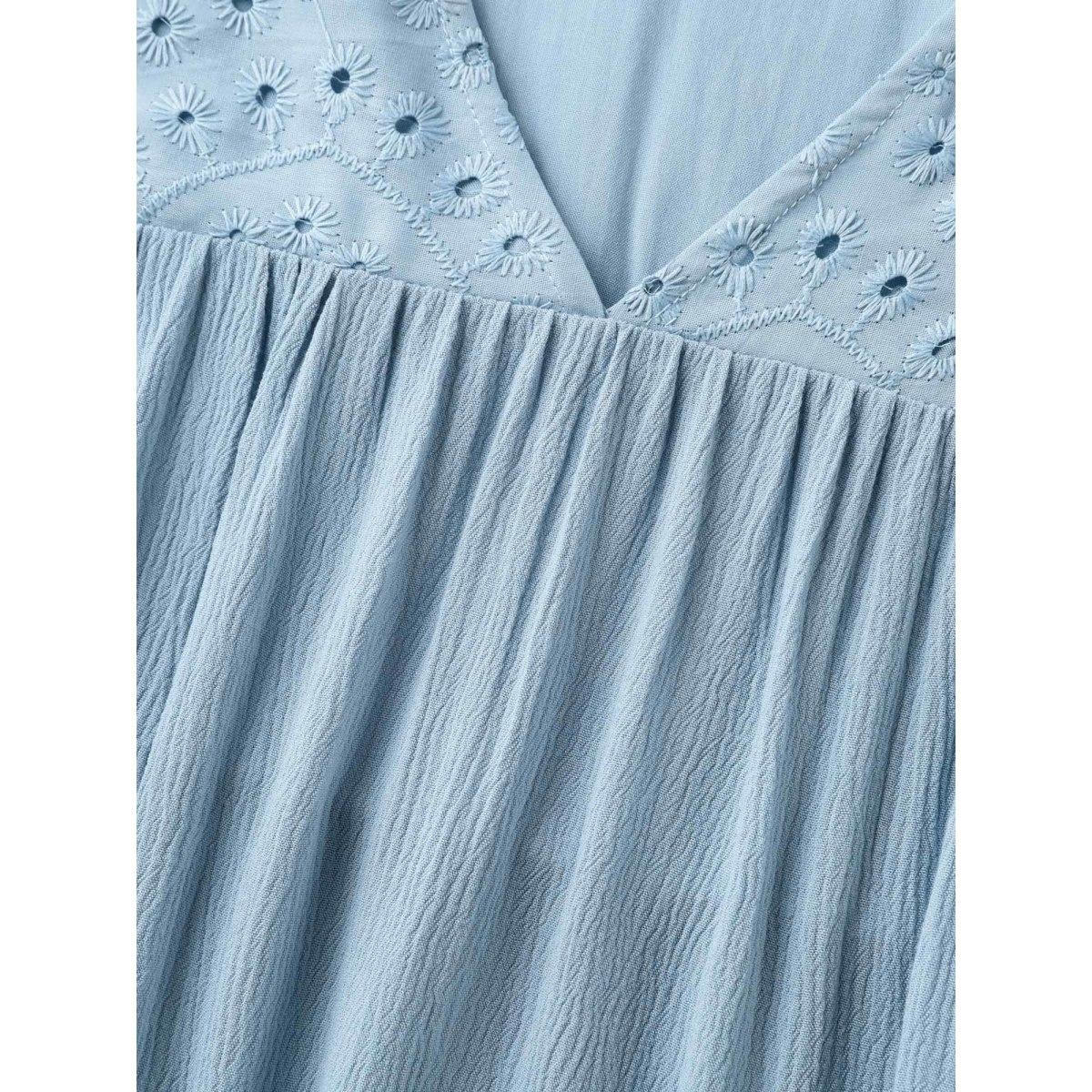 Plus Size LightBlue Rayon Eyelet Flowy Blouse Women Short sleeve V-neck Vacation Blouses BloomChic 18-20/2X Product Image