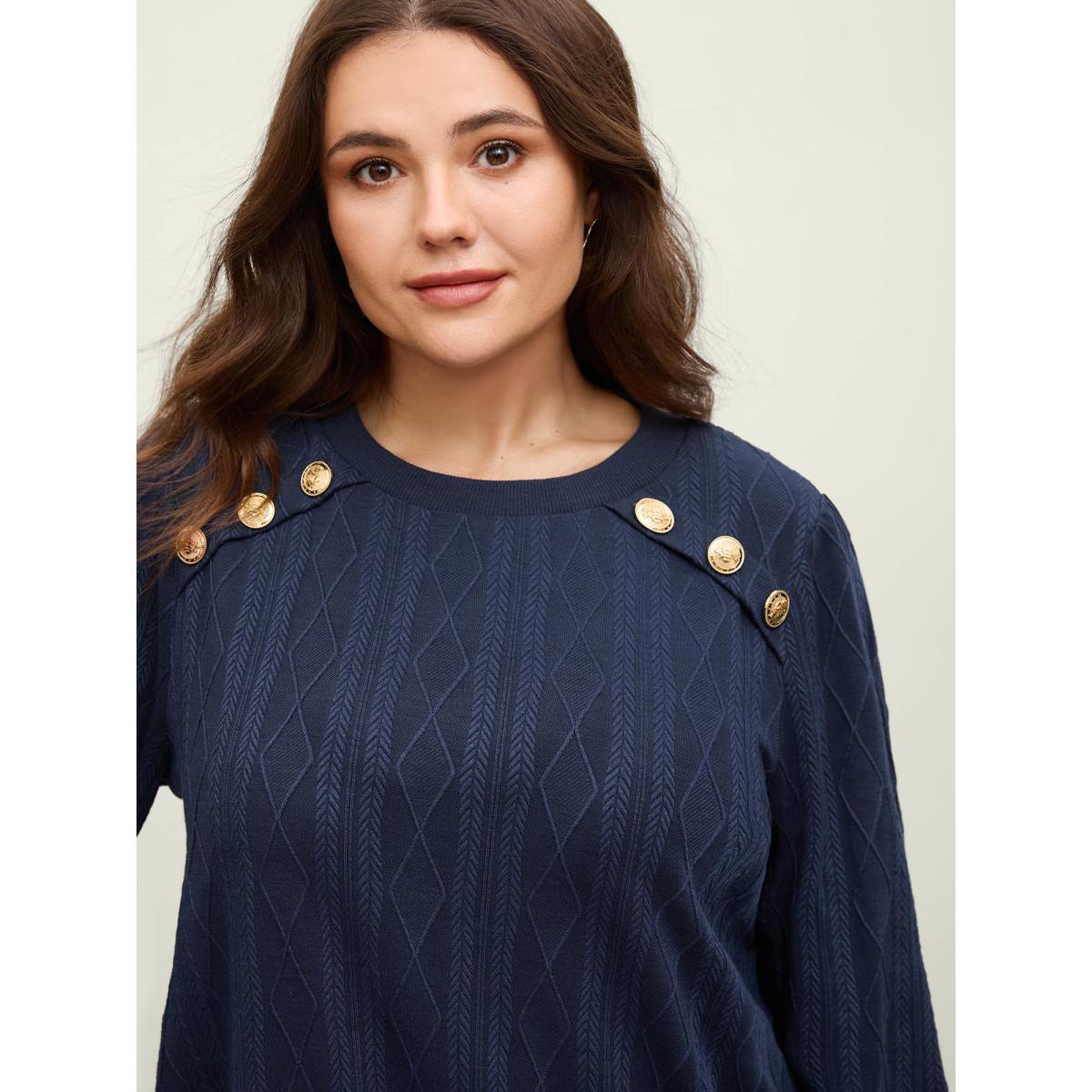 Plus Size Shoulder Button Textured Solid Sweatshirt Women Navy Office Round Neck Office Sweatshirts BloomChic 14-16/1X Product Image