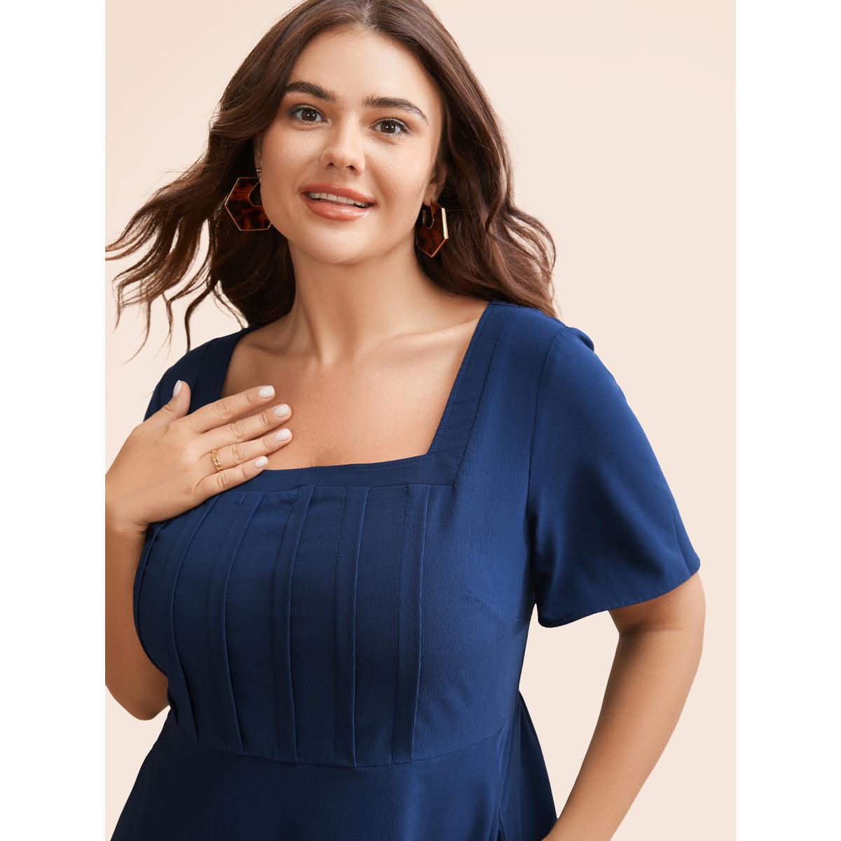 Plus Size Solid Square Neck Pleated Midi Dress Indigo Women Elegant Tucked seam Square Neck Short sleeve Curvy BloomChic 10/M Product Image