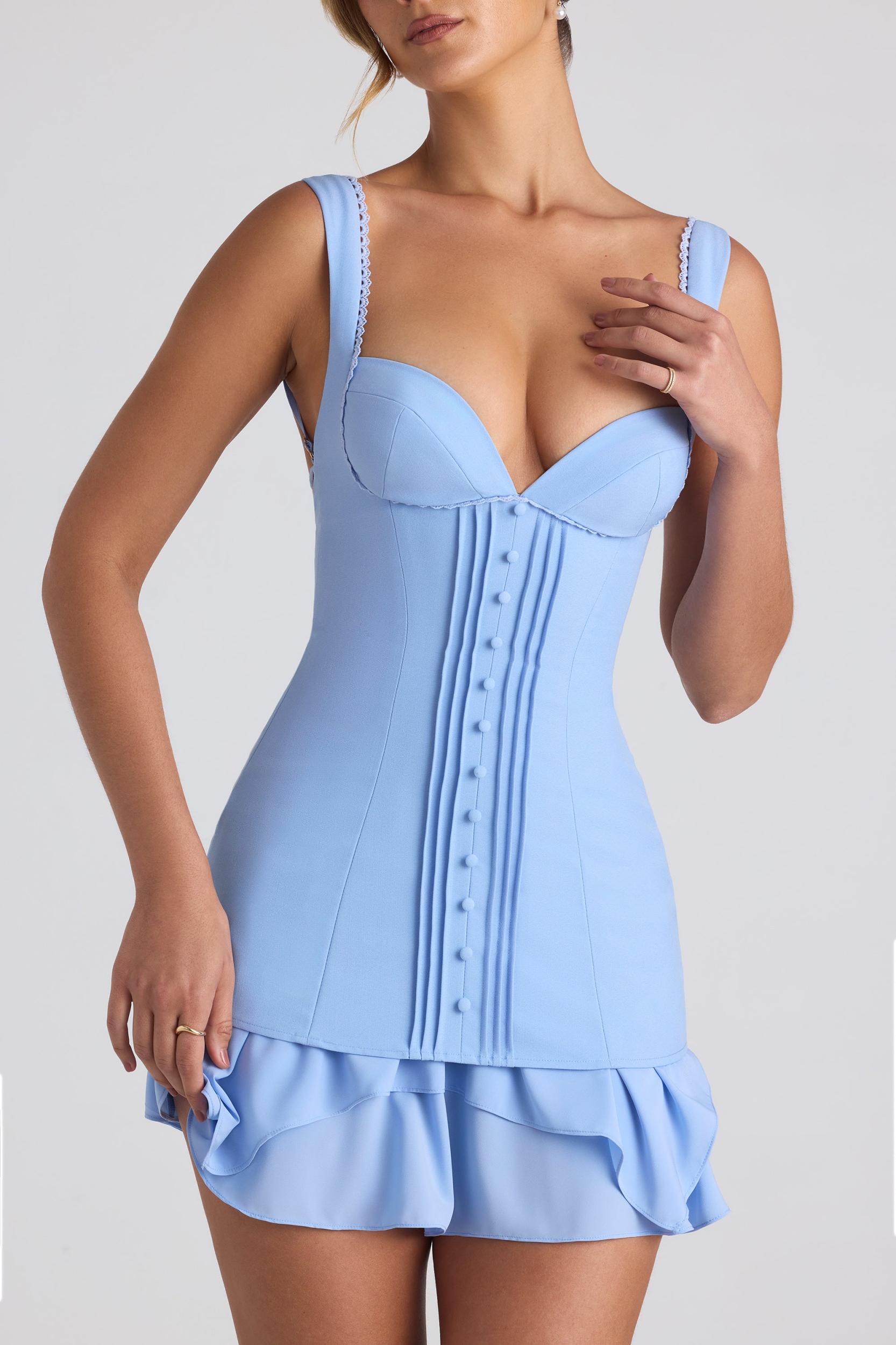 Ruffle-Trim Button-Detail Corset Mini Dress in Sky Blue Product Image