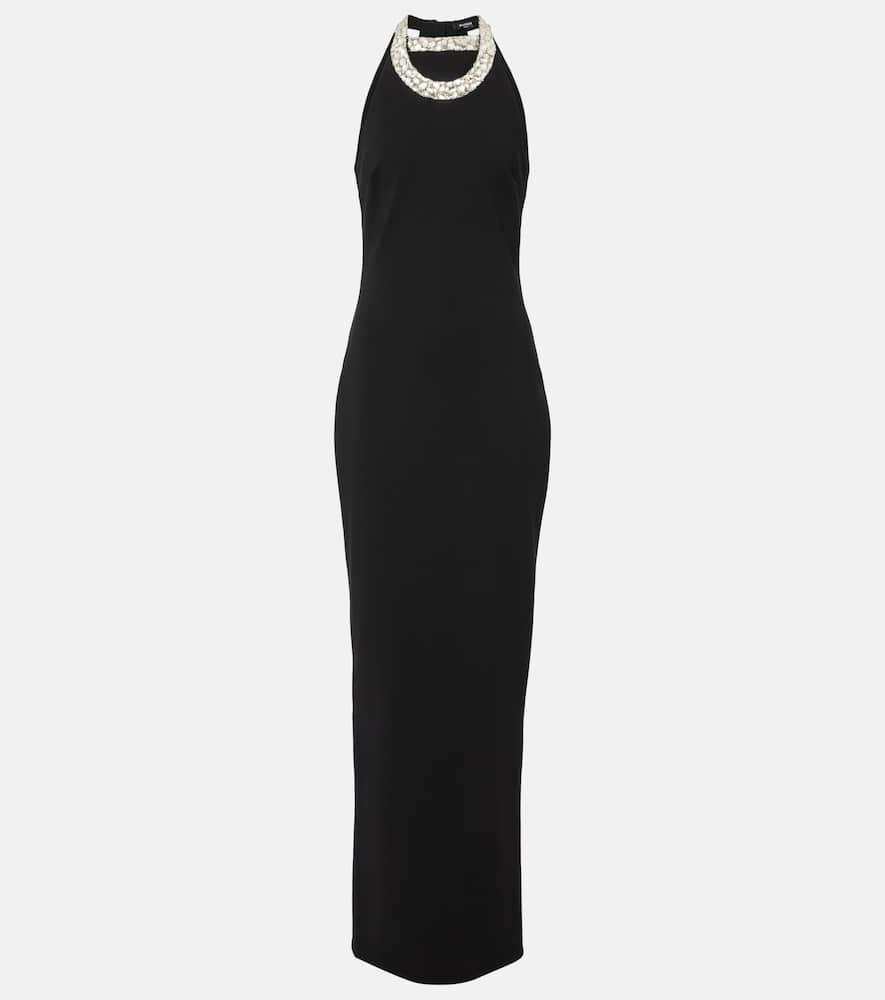 BALMAIN Faux Pearl-embellished Halterneck Velvet Gown In Black Product Image