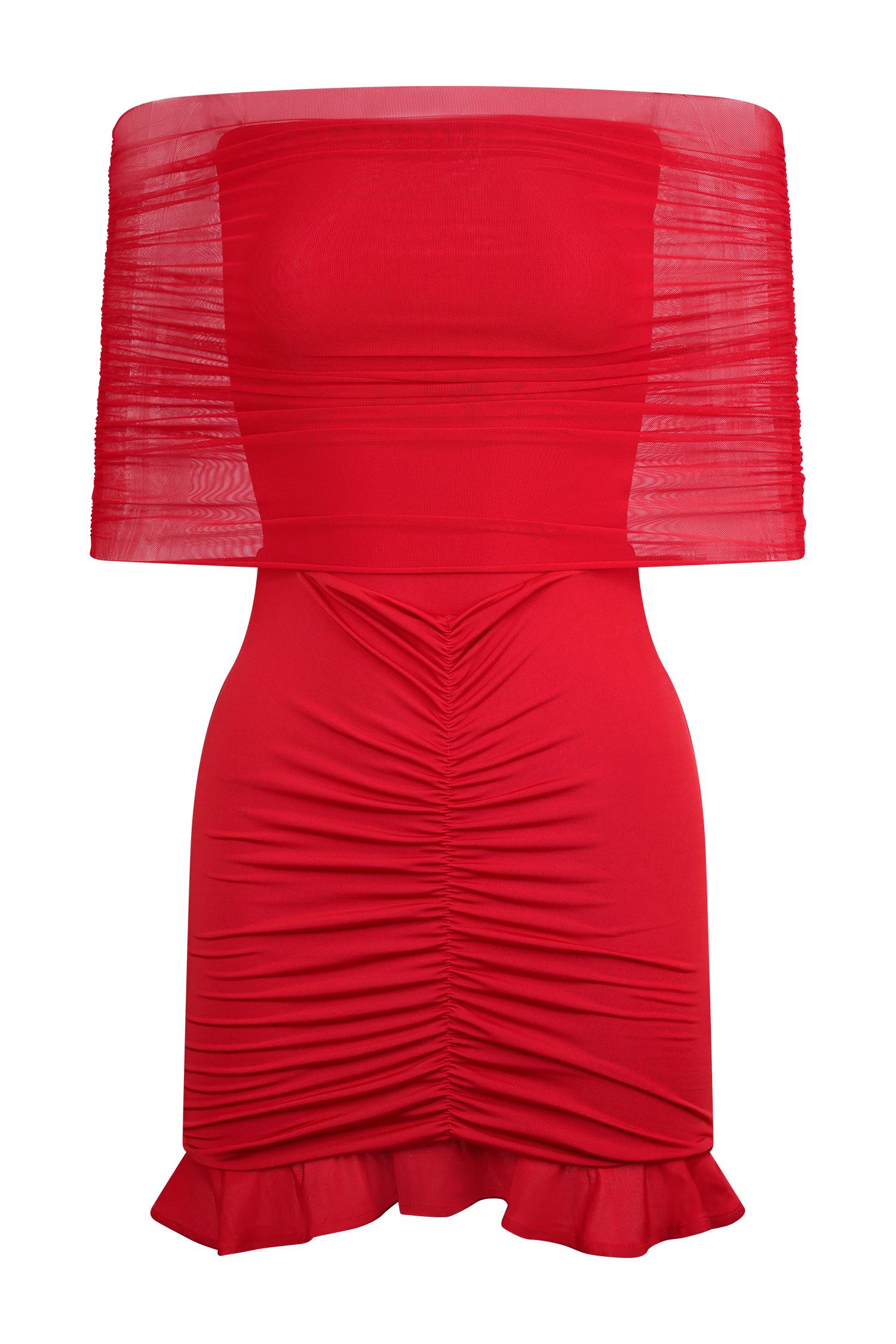 Caspian Slinky And Mesh Off Shoulder Mini Dress - Ruby Product Image