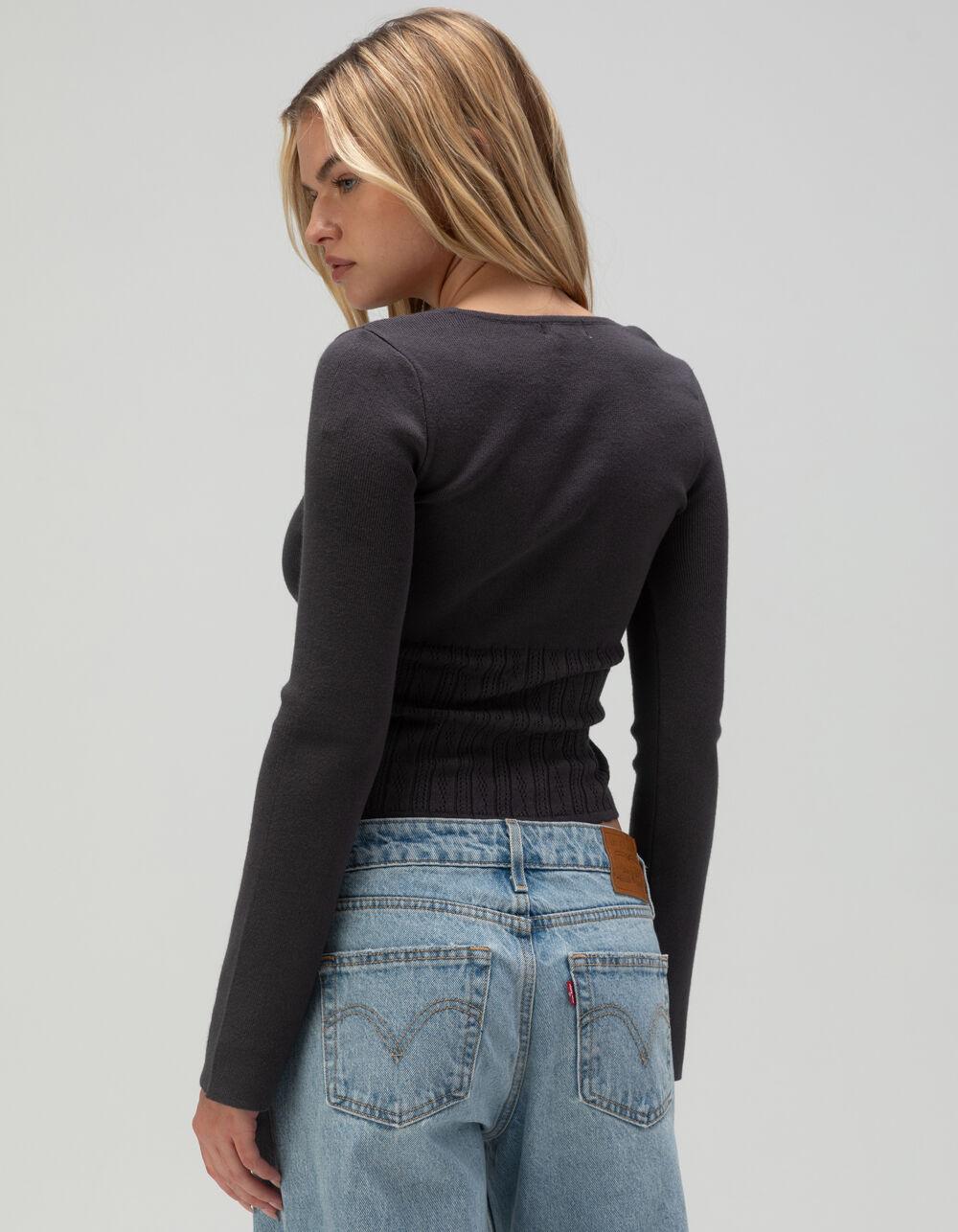 NO COMMENT Pointelle Bow Pullover Sweater - BLACK Product Image