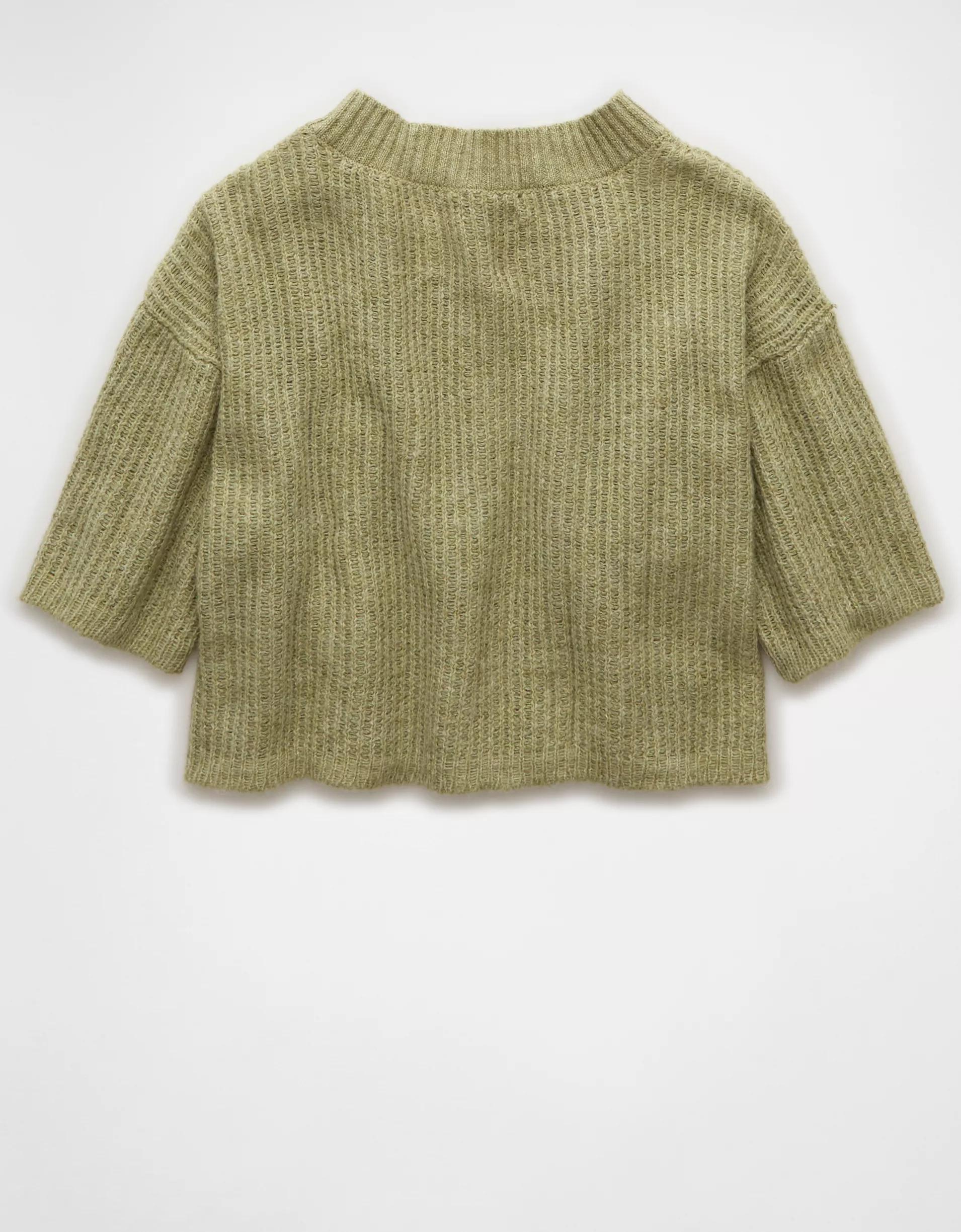 AE Short-Sleeve Crew Neck Cropped Cardigan Product Image