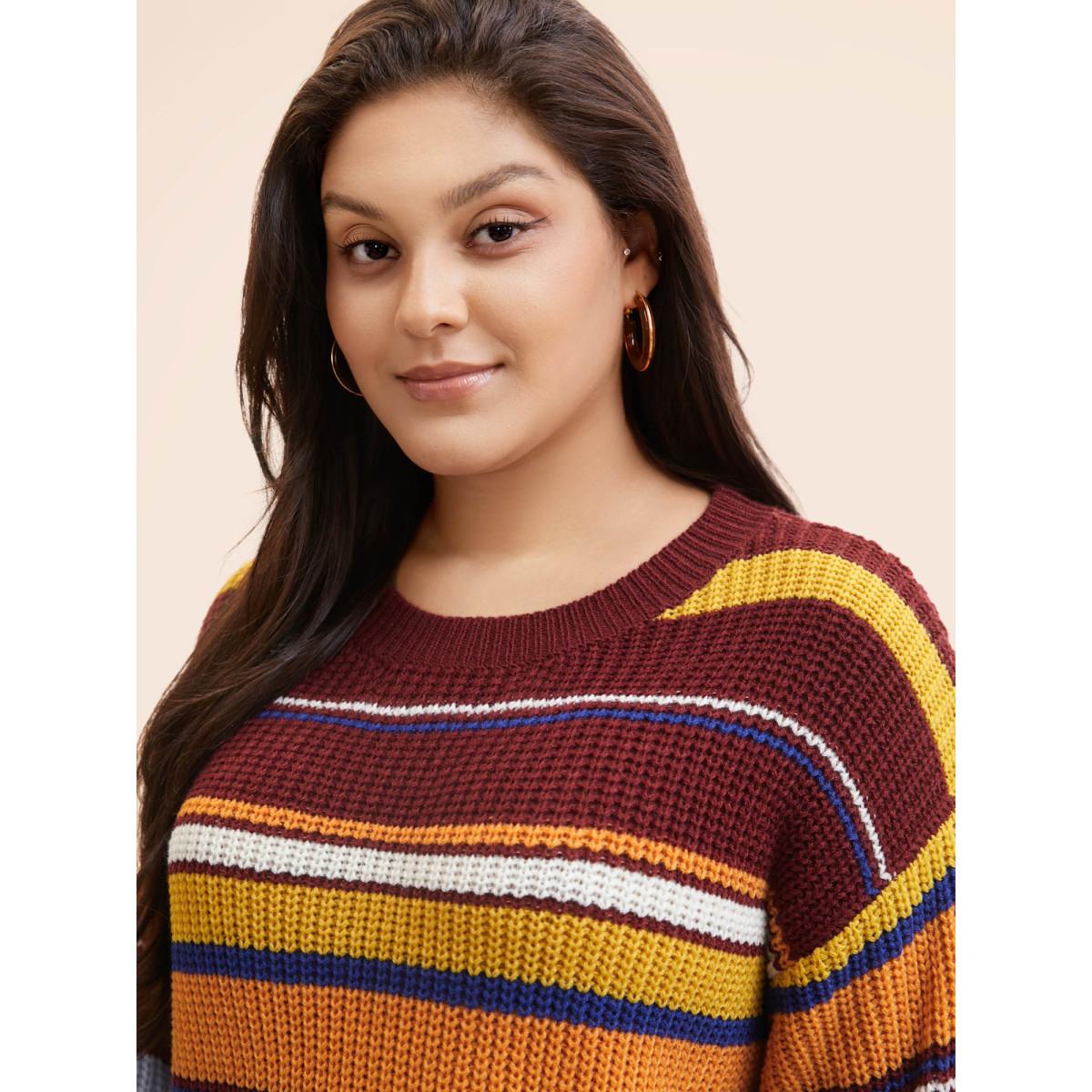 Plus Size Striped Contrast Drop Shoulder Sleeve Pullover Multicolor Women Casual Long Sleeve Round Neck Everyday Pullovers BloomChic 28/5X Product Image