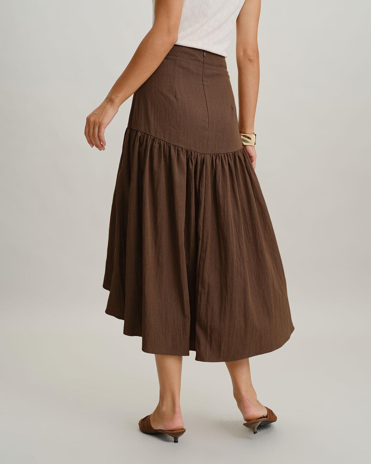 Brown High Waisted High-Low Midi Skirt Product Image
