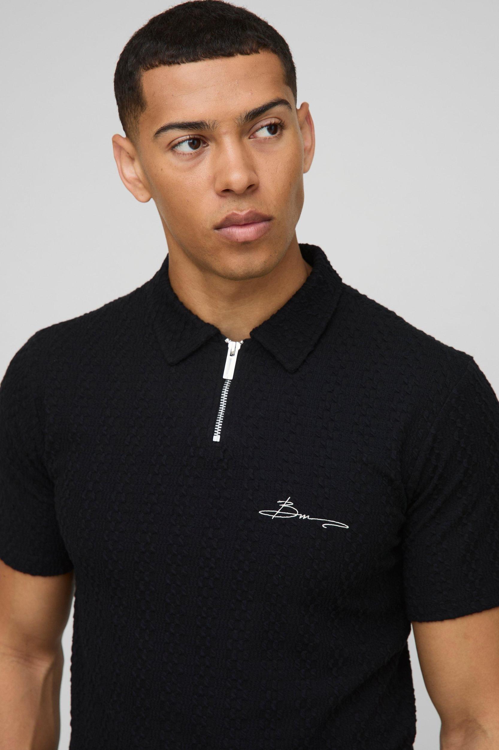 Slim Textured Zip Neck Embroidered Polo & Slim Shorts Set | boohooMAN USA Product Image