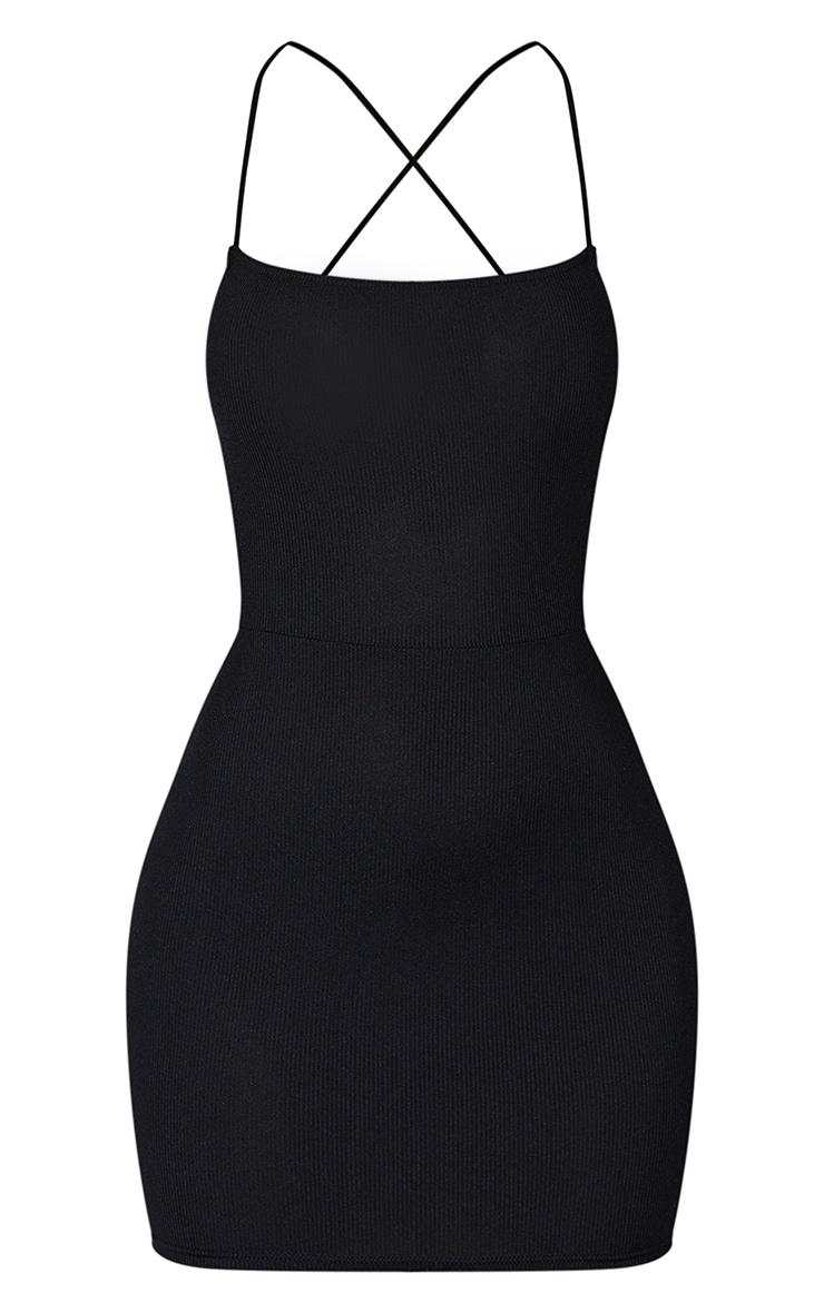 Black Ribbed Lace Up Back Bodycon Dress Product Image