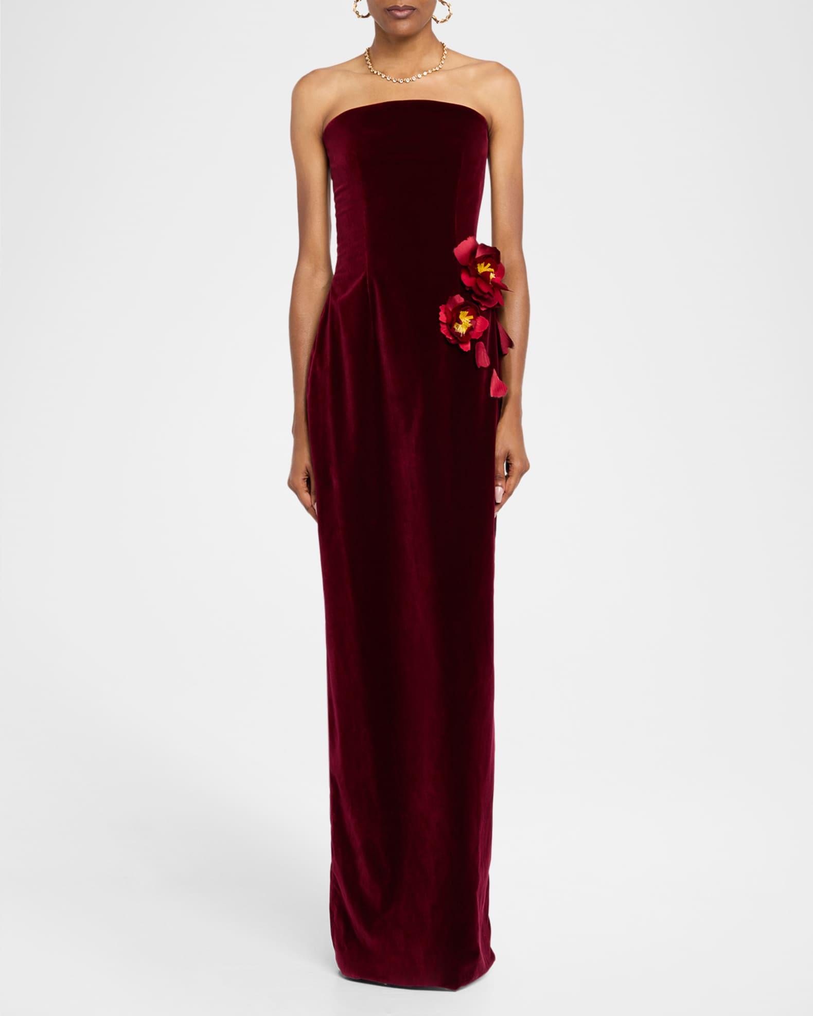 Strapless Flower Embroidered Velvet Gown Product Image