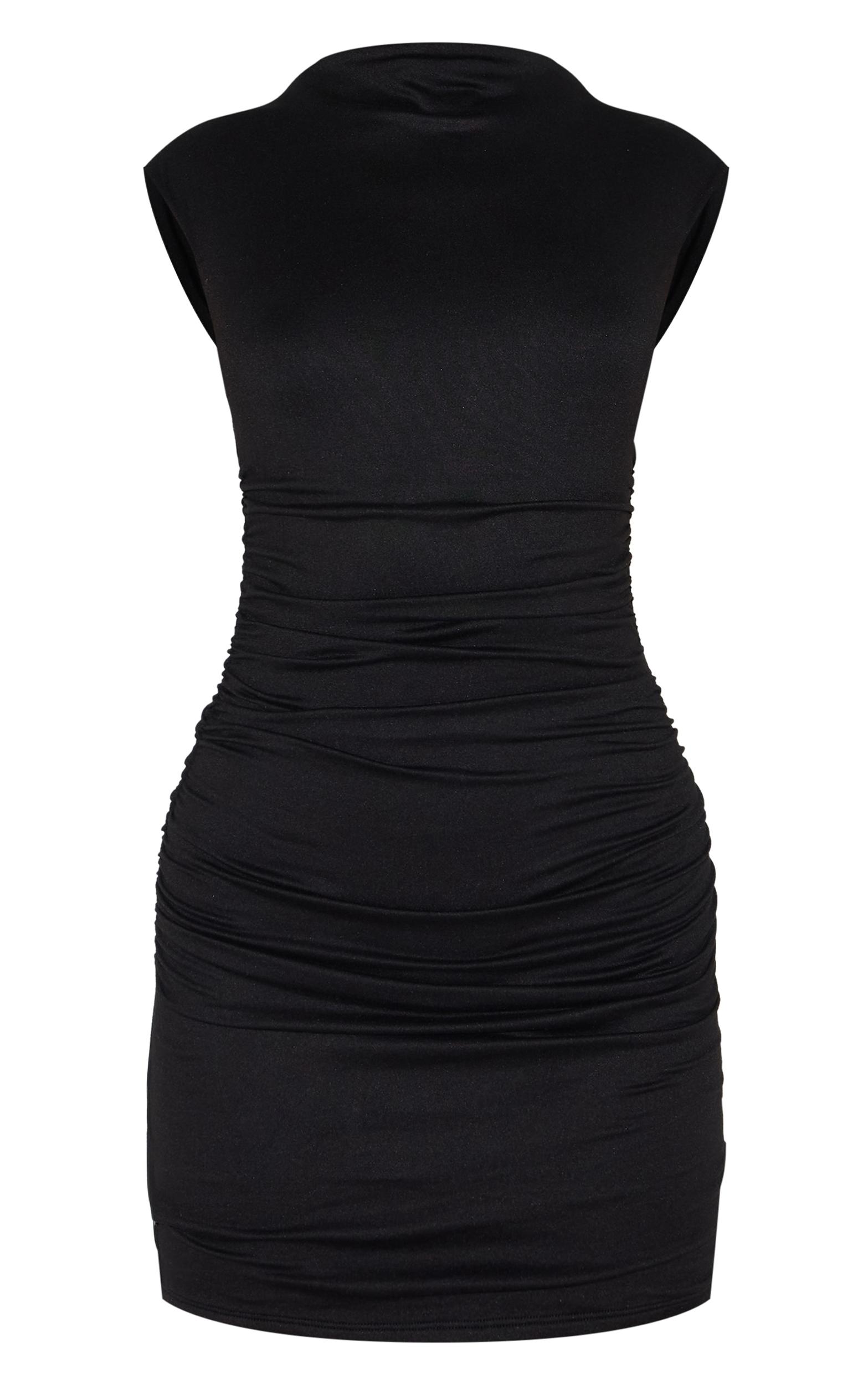 Black Double Contour Boat Neck Ruched Bodycon Dress Product Image