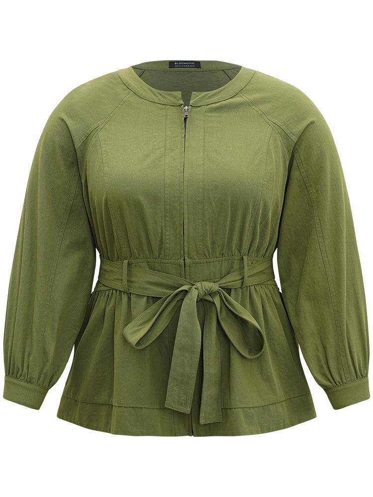 Solid Gathered Detail Belted Zipper Fly Coat Female Product Image