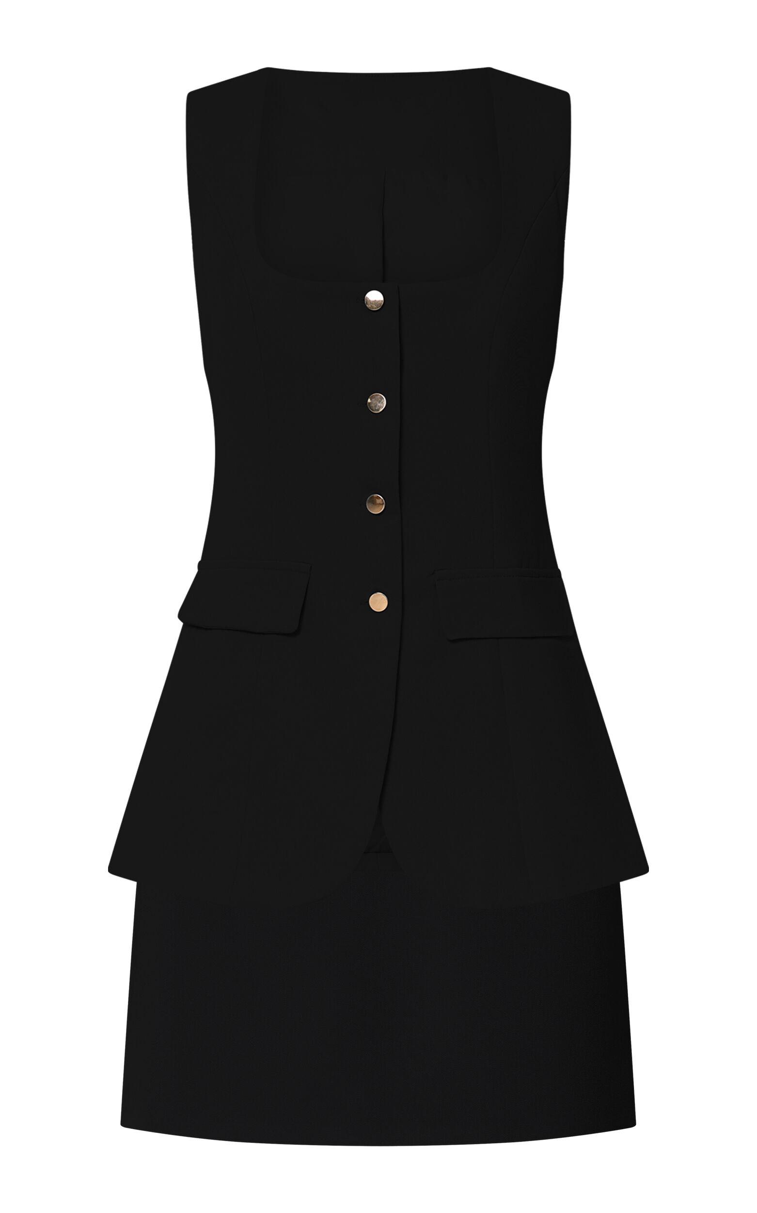 Phyllis Two Piece Set - Tailored Scoop Neck Vest Top and A Line Mini Skirt Set with Gold Buttons in Black Product Image