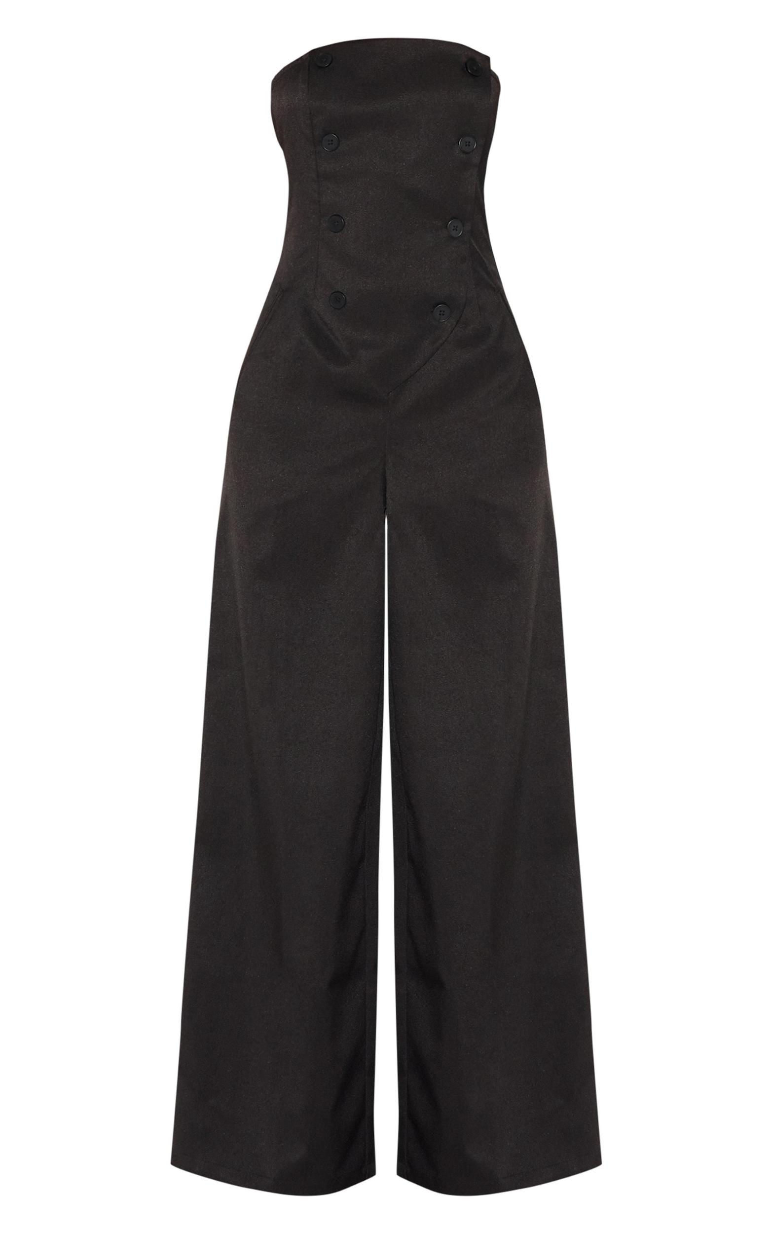 Black Tailored Woven Button Up Wide Leg Bandeau Jumpsuit Product Image