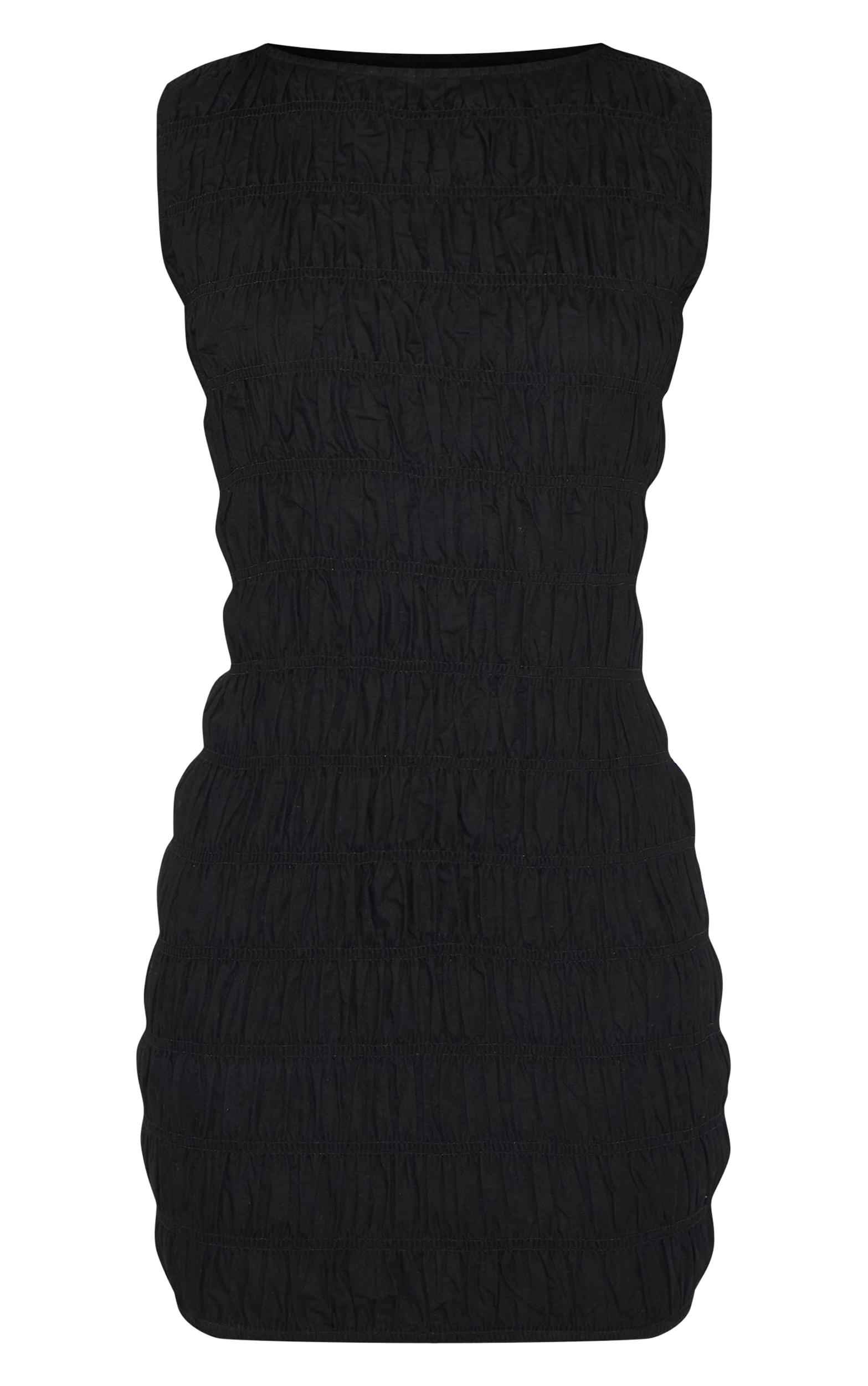 Black Boat Neck Shirred Bodycon Dress Product Image