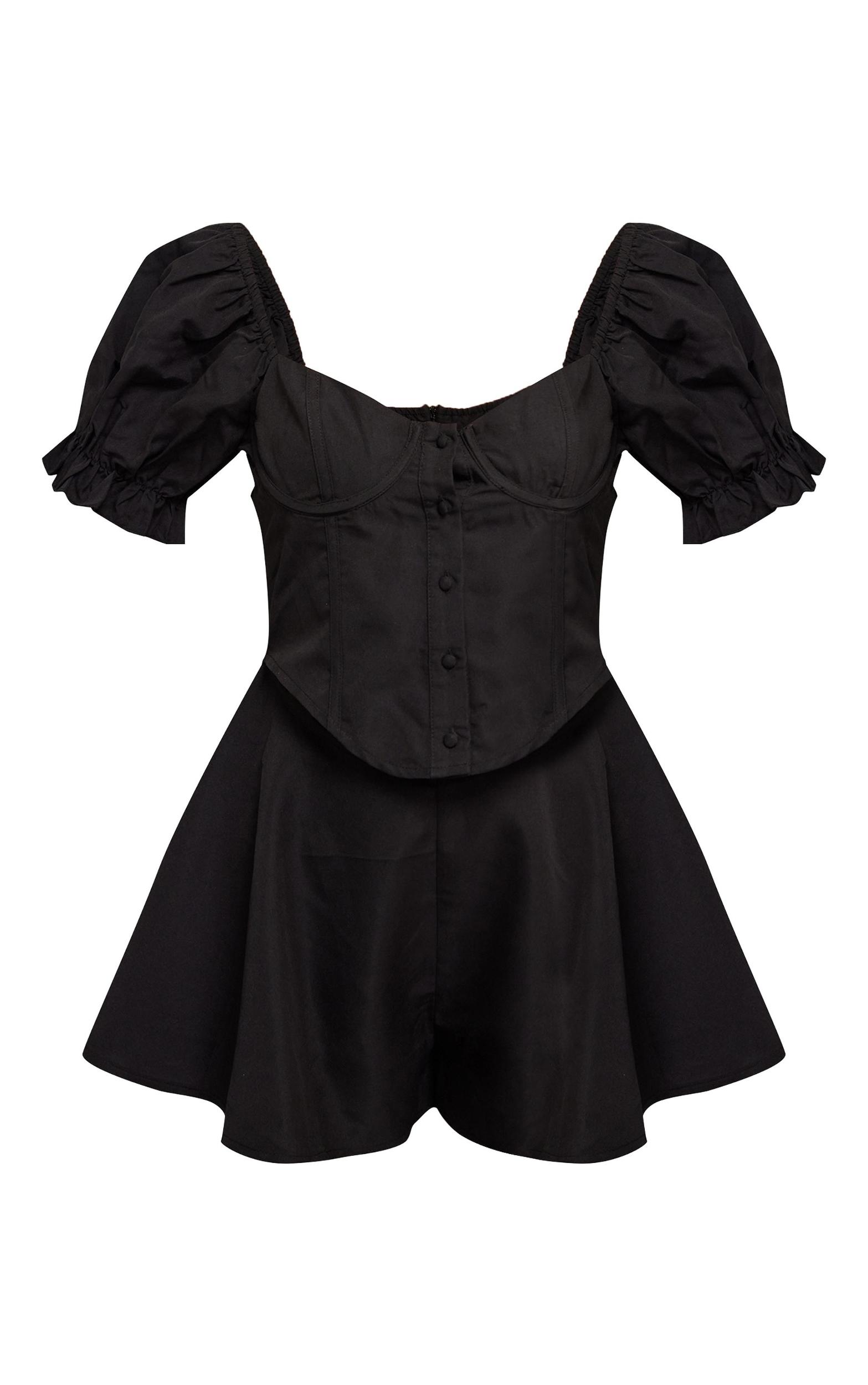 Black Tailored Woven Puff Sleeve Corset Romper Product Image