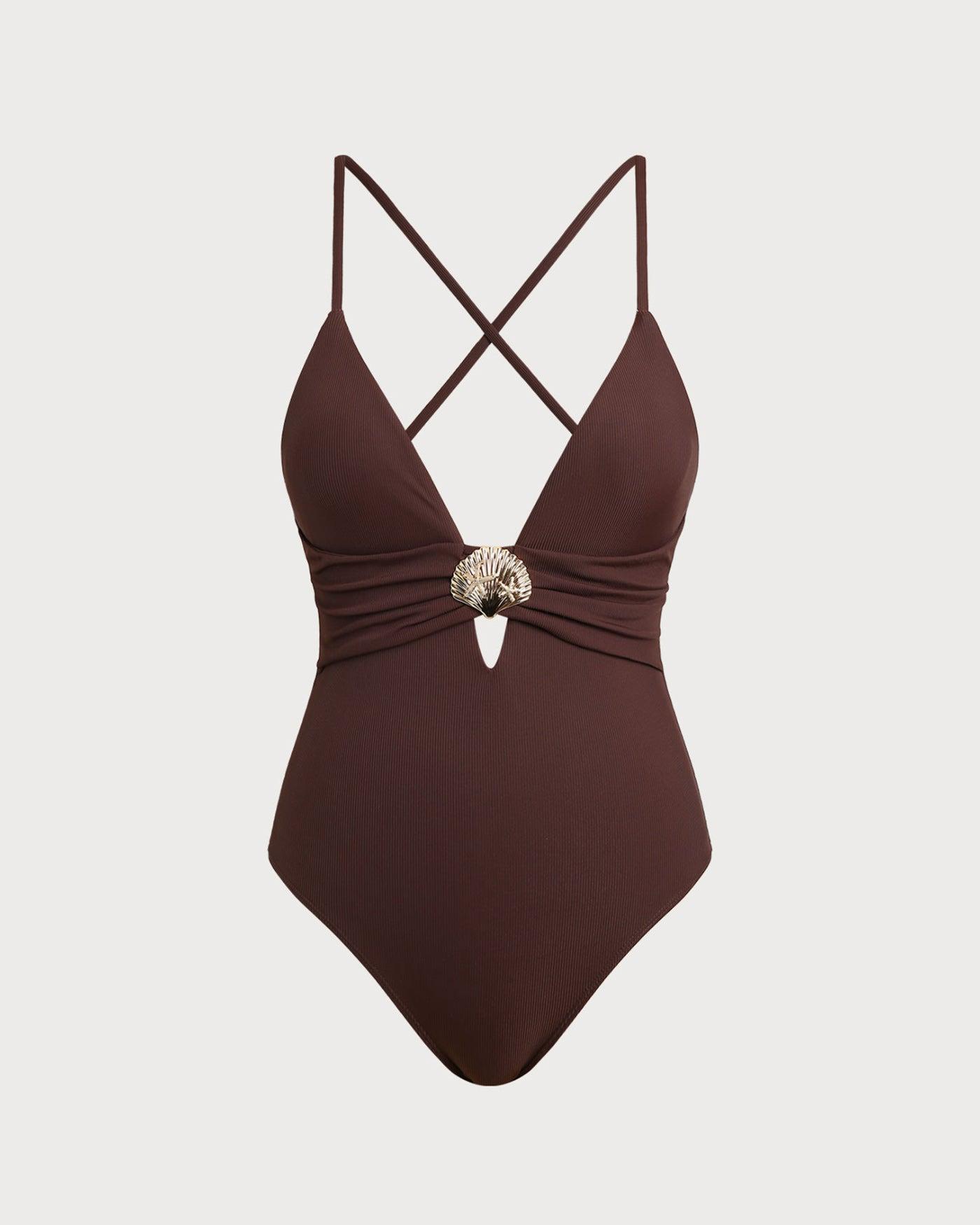 Brown Cut Out One Piece Swimwear Product Image