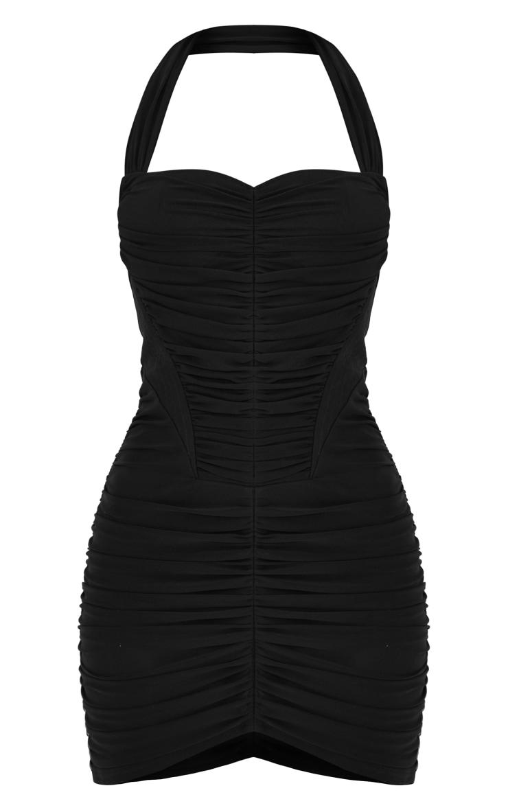 Black Mesh Extreme Ruched Corset Halter Bodycon Dress Product Image