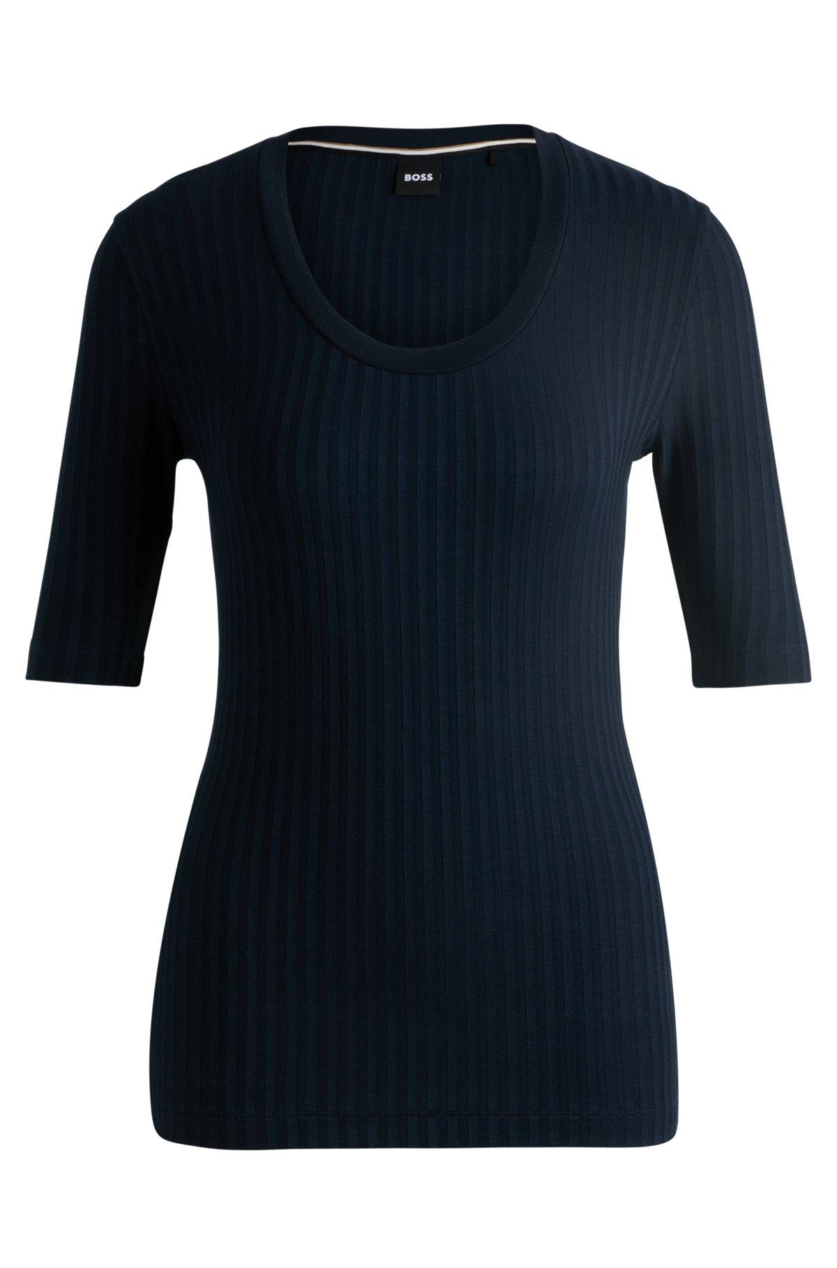 BOSS - Scoop-neck top in stretch fabric - Dark Blue Product Image