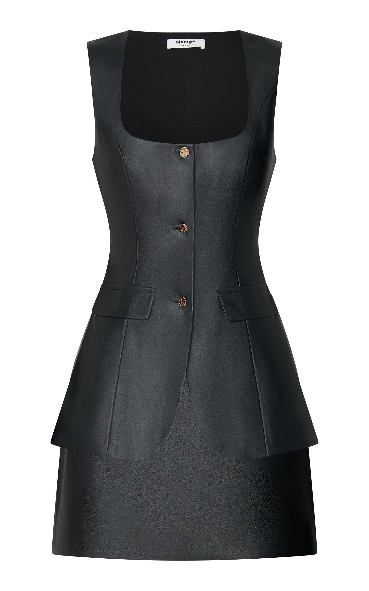 Leanne Two Piece Set - Faux Leather Scoop Neck Vest Top and High Waist Mini Skirt Set in Black Product Image