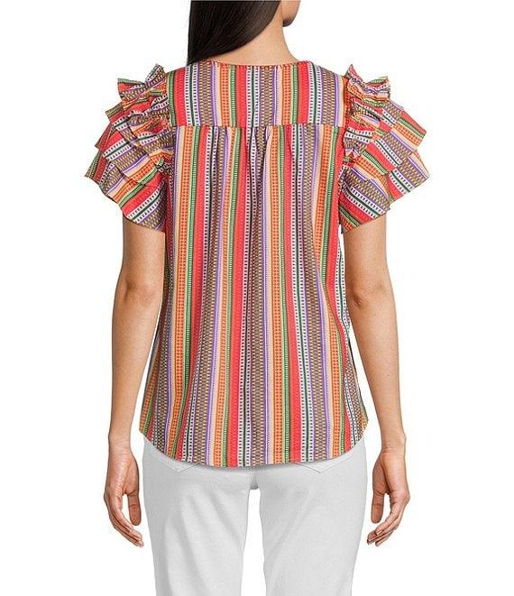 Calessa Multi Stripe Split V-Neck Short Ruffle Sleeve Tunic Product Image
