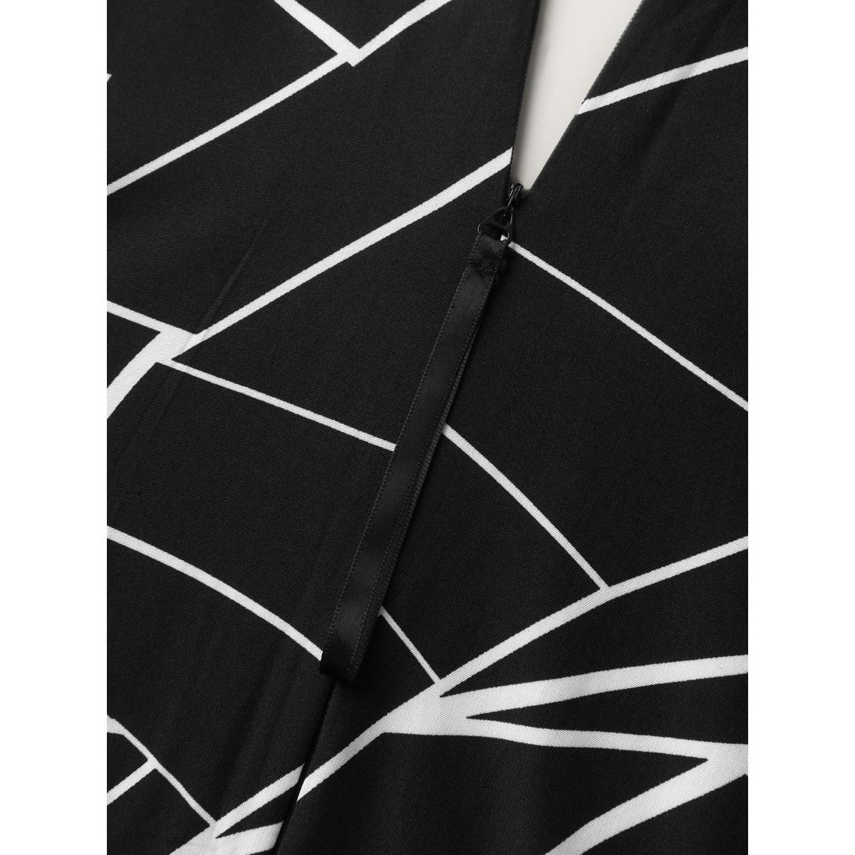 Plus Size Black Geometric Print Waist-Defining Belted Jumpsuit Women Short sleeve Flat collar with V-notch Work Loose Jumpsuits BloomChic 26/4X Product Image