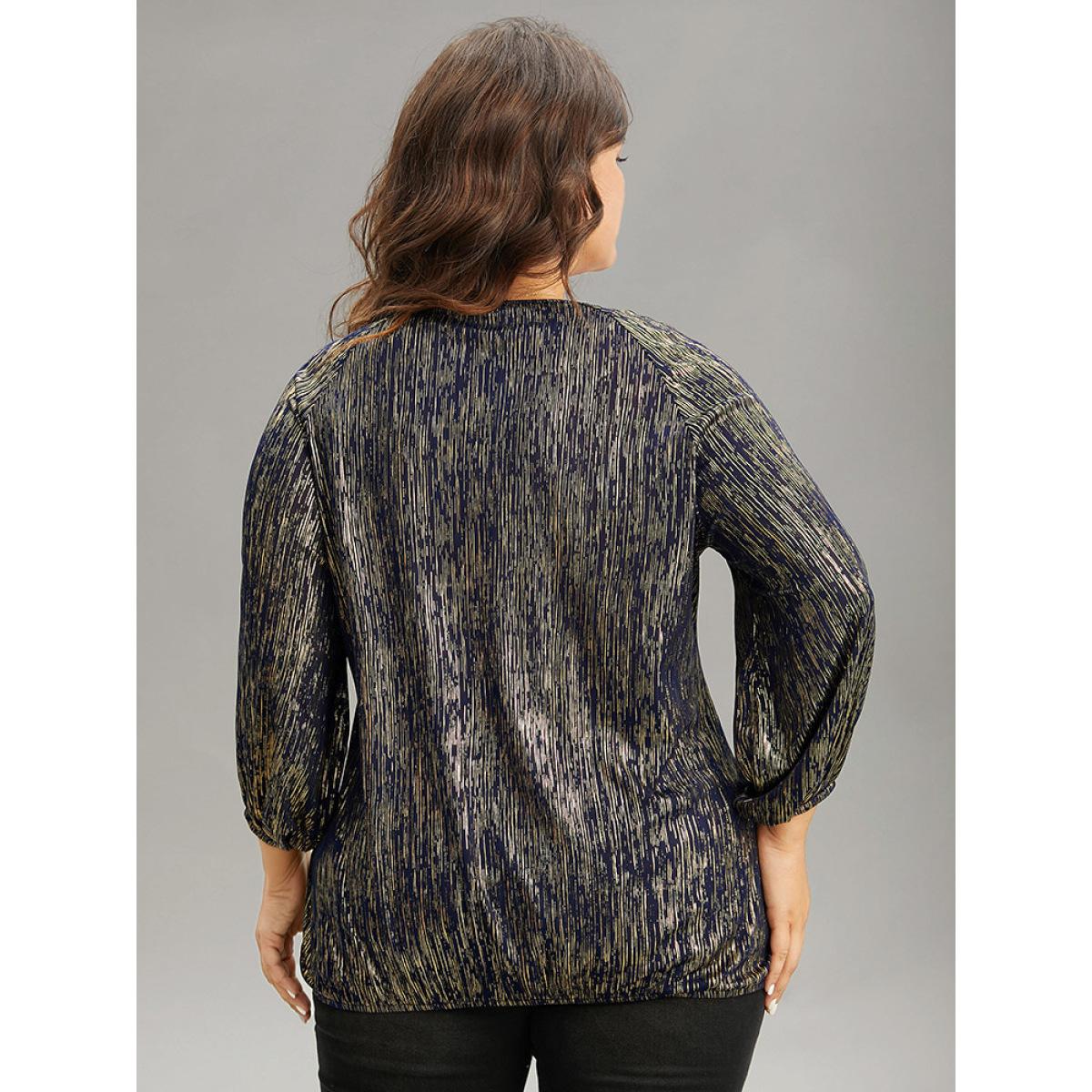 Plus Size DarkBlue Glitter Galaxy Wrap Lantern Sleeve Blouse Women Cocktail Elbow-length sleeve Overlap Collar Party Blouses BloomChic 26/4X Product Image