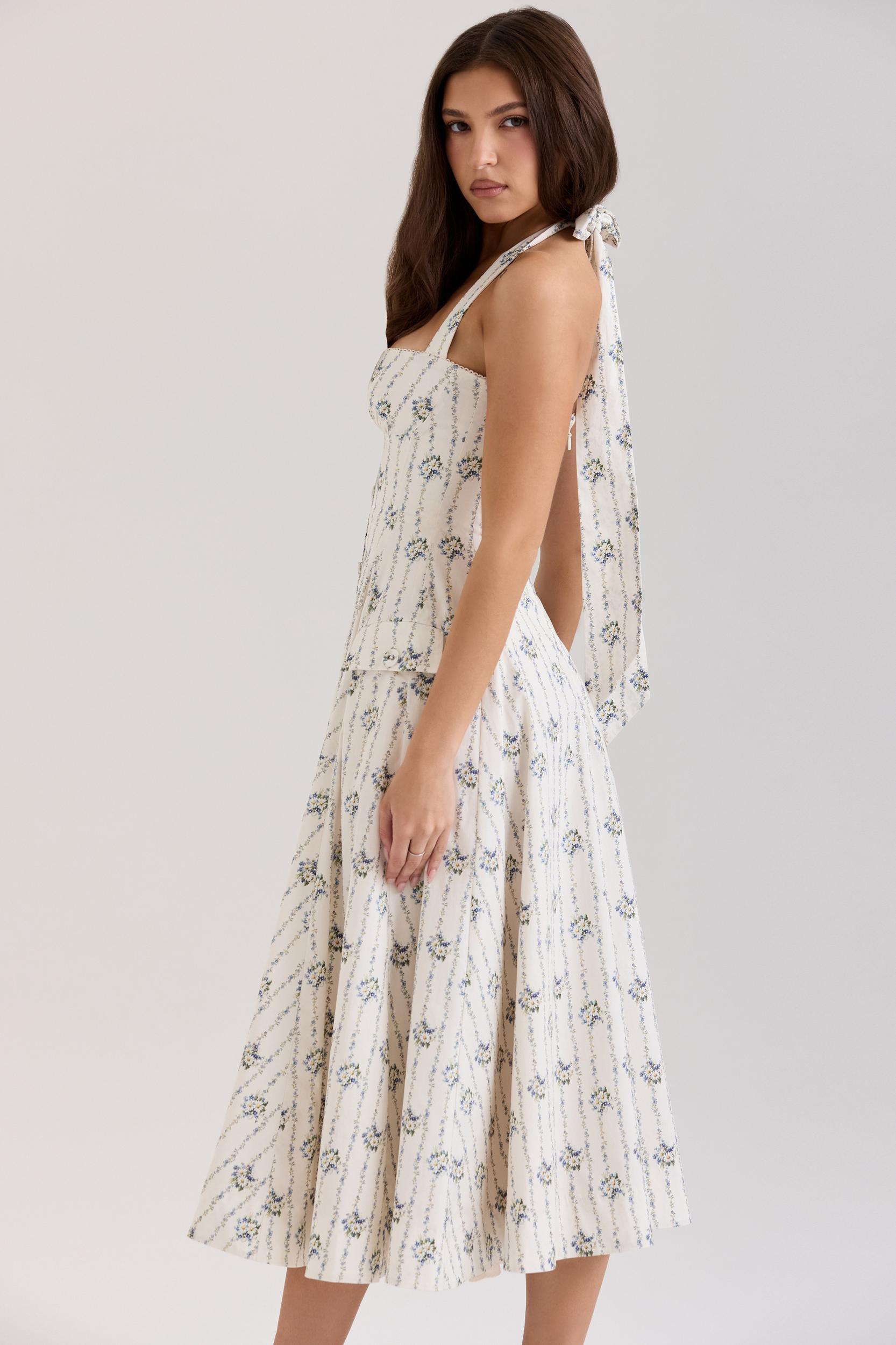 Claudia  cream daisy print stretch cotton halter neck midi dress Product Image