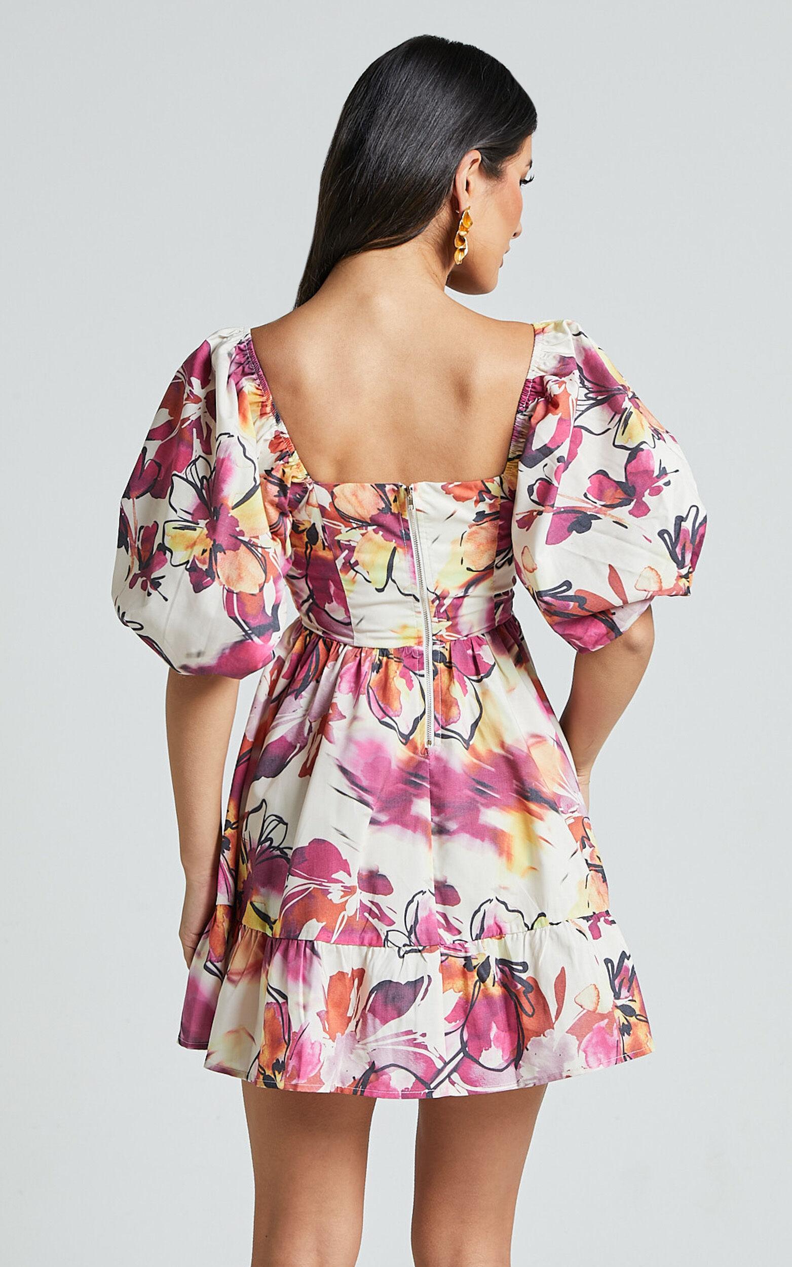 Gretchen Mini Dress - Puff Sleeve Babydoll Dress in Dahlia Dusk Floral Product Image