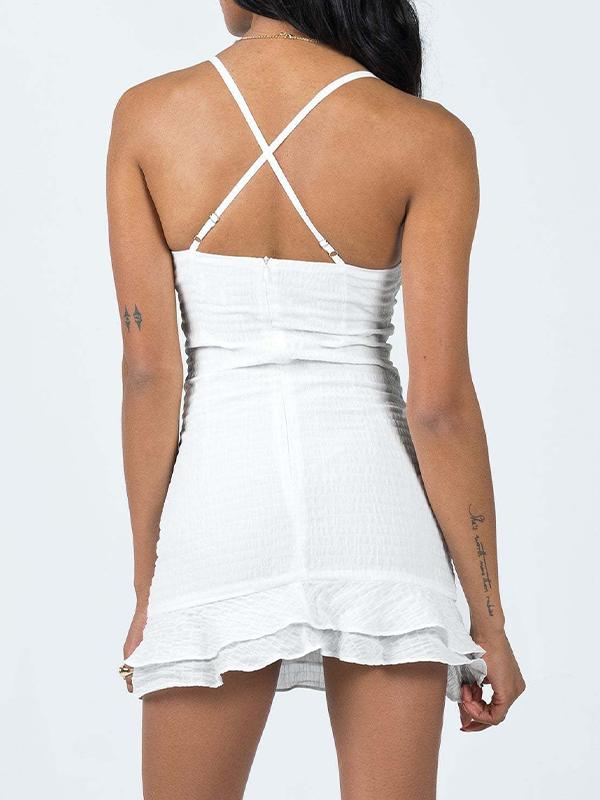 Solid V Neck Textured Ruffle Hem Mini Dress Product Image