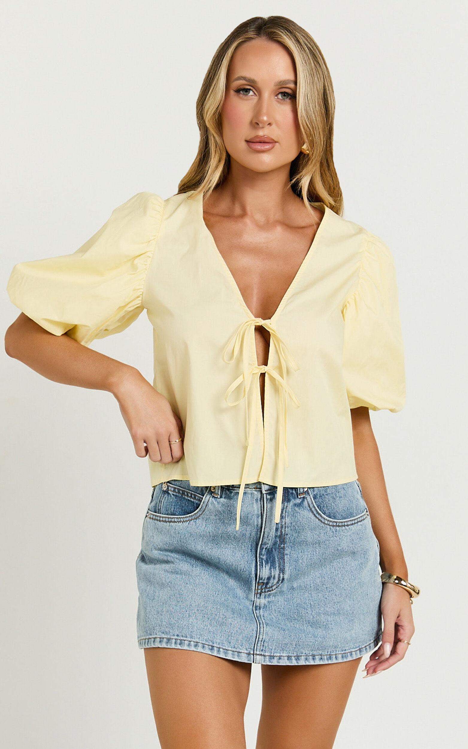 Dana Top - Bow Tie Front Puff Sleeve Blouse in Lemon Product Image